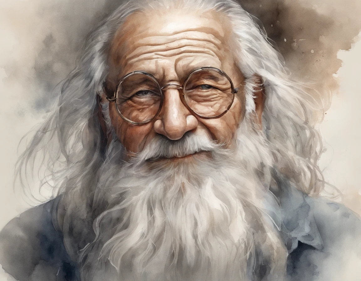 Elderly person wearing half-moon glasses, with a long, stooped nose, flowing and long silver hair, beard and mustache, stunning realistic, 3d render, octane render, intricately detailed, cinematic, hyper realistic cover photo awesome full color, hand drawn, realistic 12k, intricate. high definition, cinematic