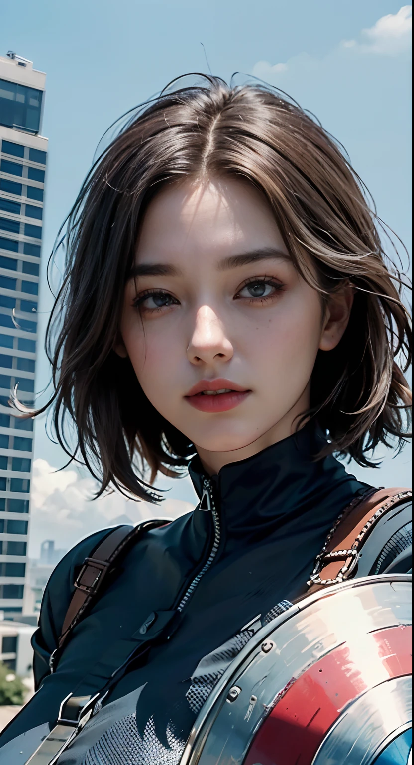 (1girl:1.3), solo, __body-parts__, official art, unified 8k wallpaper, super detailed, beautiful and aesthetic, beautiful, masterpiece, best quality, raw, masterpiece, super fine photo, best quality, super high resolution, photorealistic realism, sunlight, full-body portrait, amazing beauty, dynamic pose, delicate face, vibrant eyes, (from the front), she wears a futuristic Captain America jersey, blue color scheme, (holding a shield), A capital A on chest, very detailed abandoned warehouse background, detailed face, detailed complex busy background, messy, gorgeous, milky white, highly detailed skin, realistic skin details, visible pores, sharp focus, volumetric fog, 8k uhd, DSLR camera, high quality, film grain, fair skin, photo realism, lomography, huge metropolis in future dystopia, seen from below, translucent