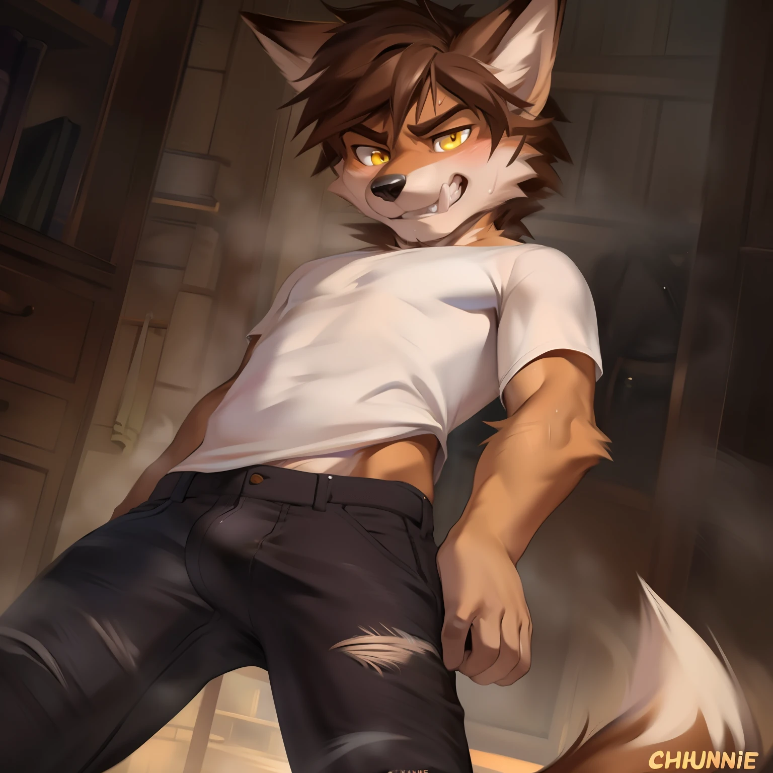 Solo, Male, Fox, grey fur, grey body, Yellow eyes, Detailed eyes, Detailed hands, Brown hair, Medium hair, Messy hair, short, Slim, weak, Non-exercise, bony, Stinky, smelly, Sweaty, Sweat, steams, steamy, Dirty white shirt, Ripped black jeans, author：Flash Trap Boy, By Darkgem, (by Chunie), Bulge, Smirking, Evil expression, Lick lip, rape face