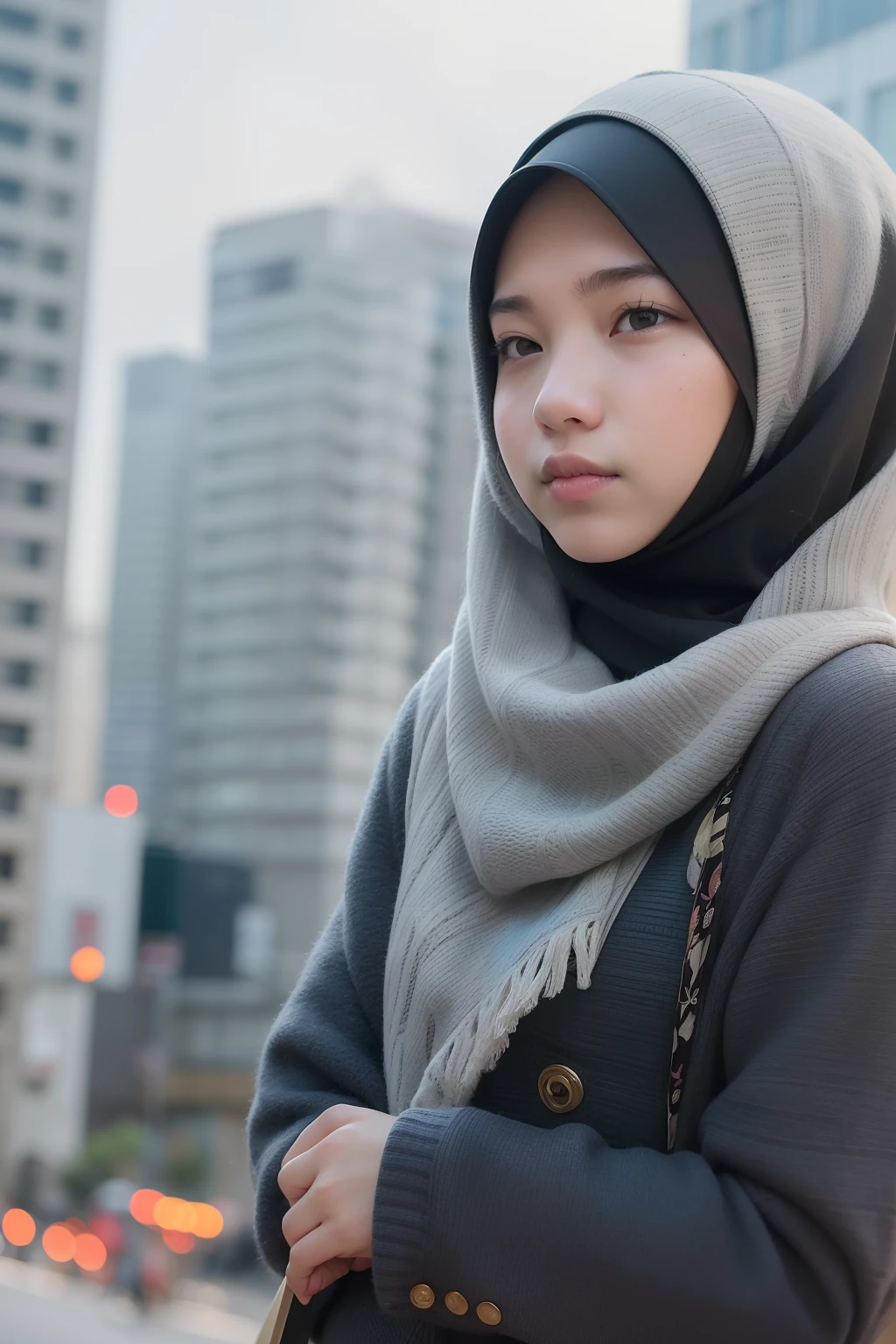 Photograph a Malay girl in hijab as she navigates the urban jungle, confidently commuting to work or school, showcasing her modern lifestyle in the heart of the city.