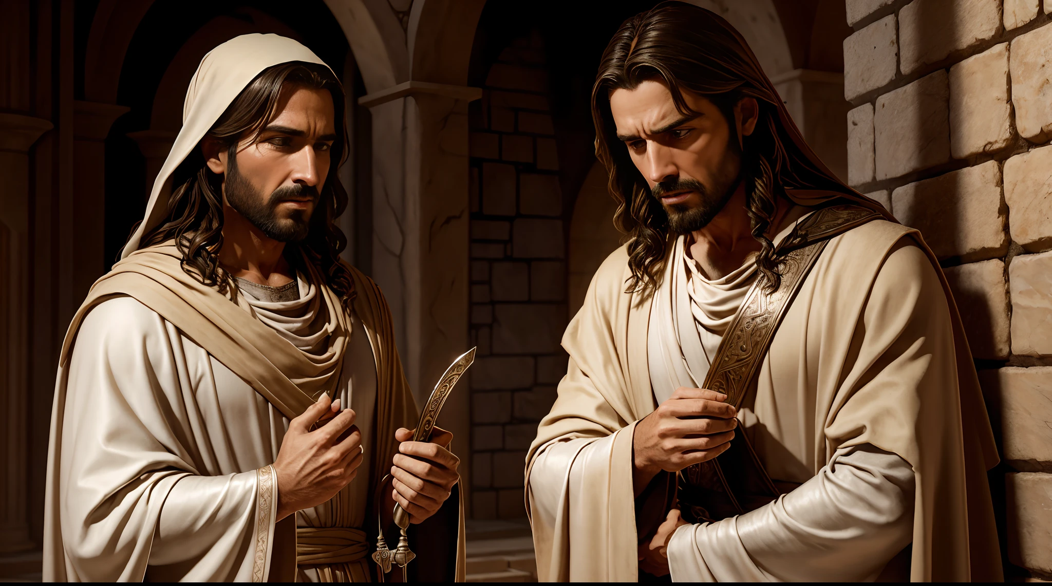 CREATE A REALISTIC IMAGE OF JUDAS ISCARIOT WEARING A BEIGE ROBE, TALKING TO A SOLDIER, AND RECEIVING THIRTY PIECES OF SILVER., IMAGE DEPICTING THE BETRAYAL OF JESUS. DETAILED BIBLICAL HUMMING