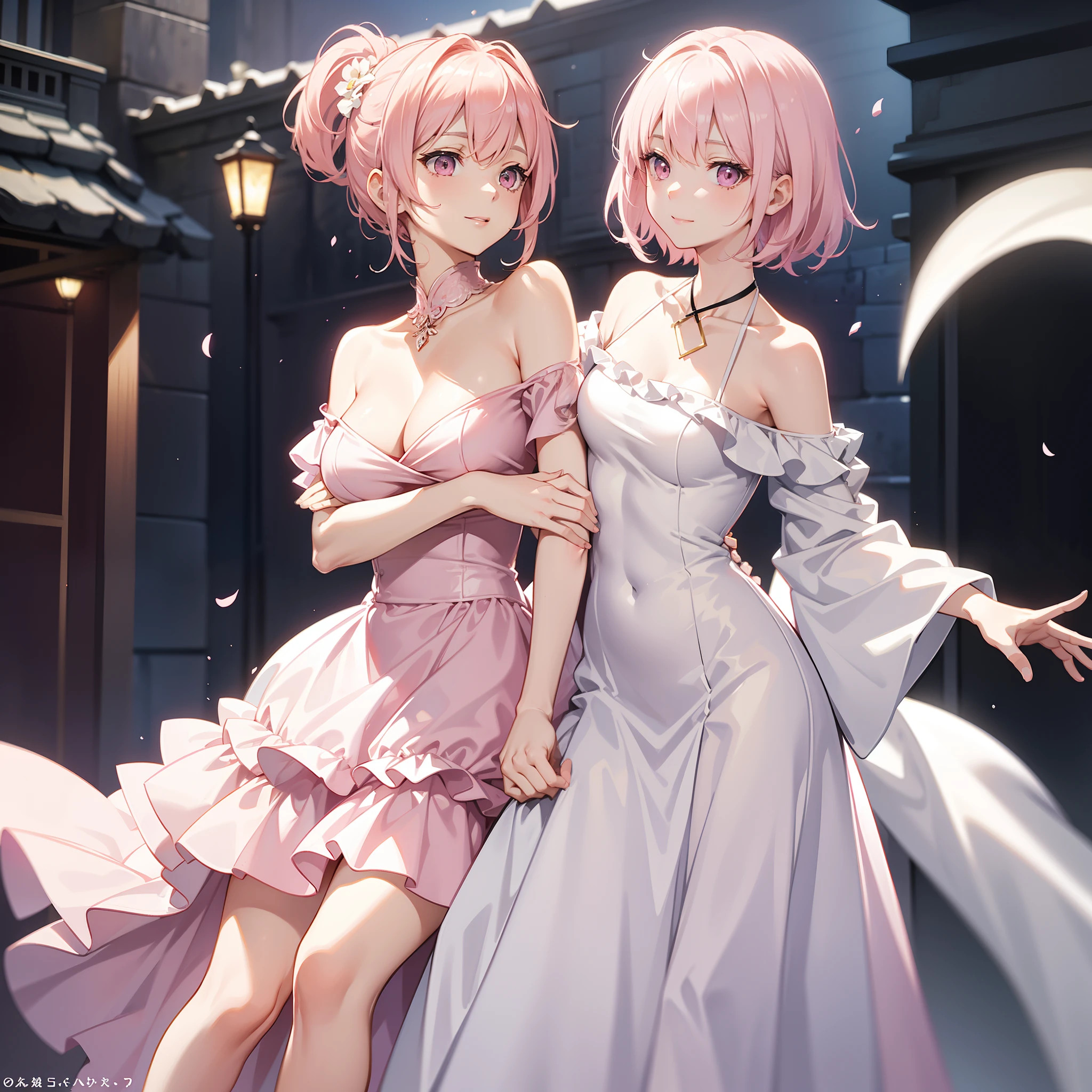 Light pink earless short hair,Pink eyes,The hair is somewhat messy,leaning down,white off shoulder dress clothes,One hand on the waist,tilts your head,Smiled,In the courtyard