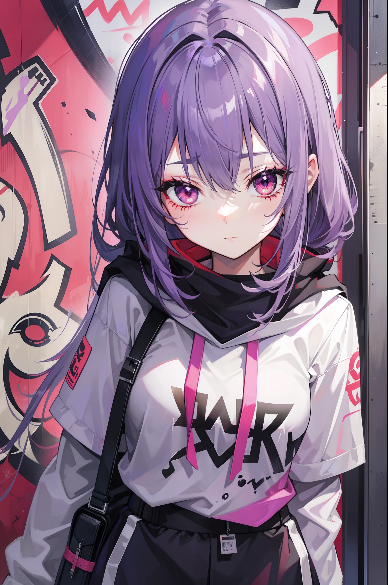 Gray-purple bangs,Red eyes,girl,Graffiti walls,