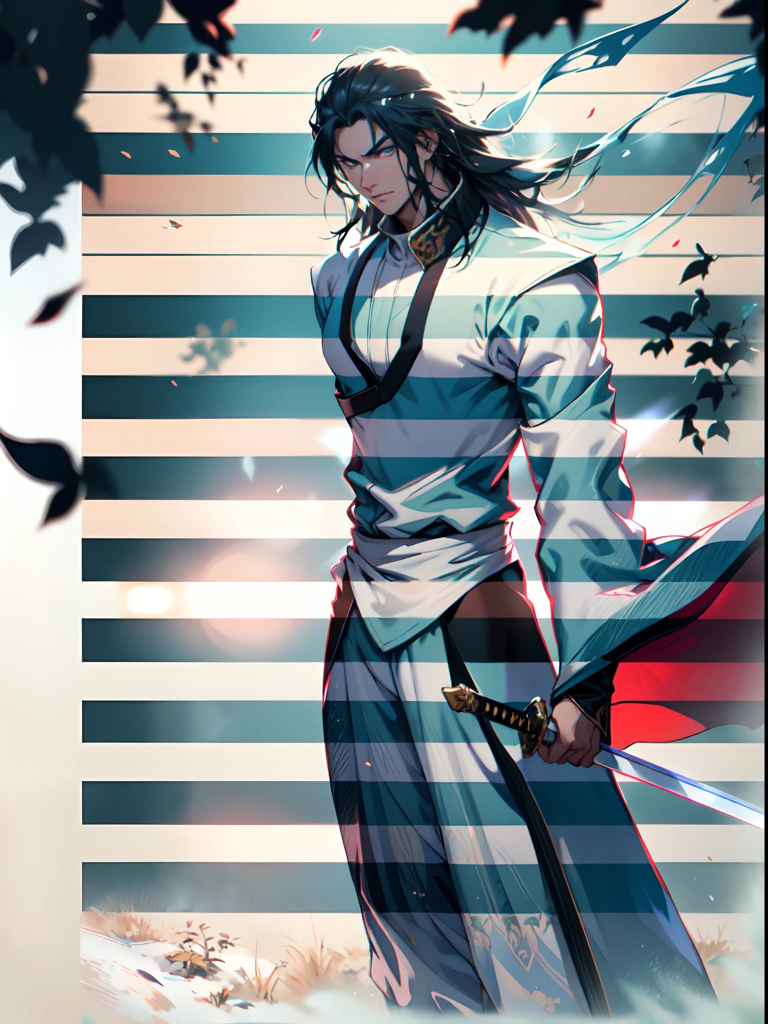 A young man with long hair, half-black and half-white long hair, sharp eyes, a confident expression, a heroic countenance, he wears a flowing two-piece martial arts-style robe, matching loose trousers, holding a slender sword in his left hand, the night sky, standing amidst a snowy mountain landscape, snowflakes falling all around, this character embodies a finely crafted Chinese swordsman design in anime style, characterized by a sophisticated and mature manga illustration art style, high definition, best quality, highres, ultra-detailed, ultra-fine painting, extremely delicate, professional, anatomically correct, symmetrical face, extremely detailed eyes and face, high quality eyes, creativity, RAW photo, UHD, 8k, Natural light, cinematic lighting, masterpiece:1.5