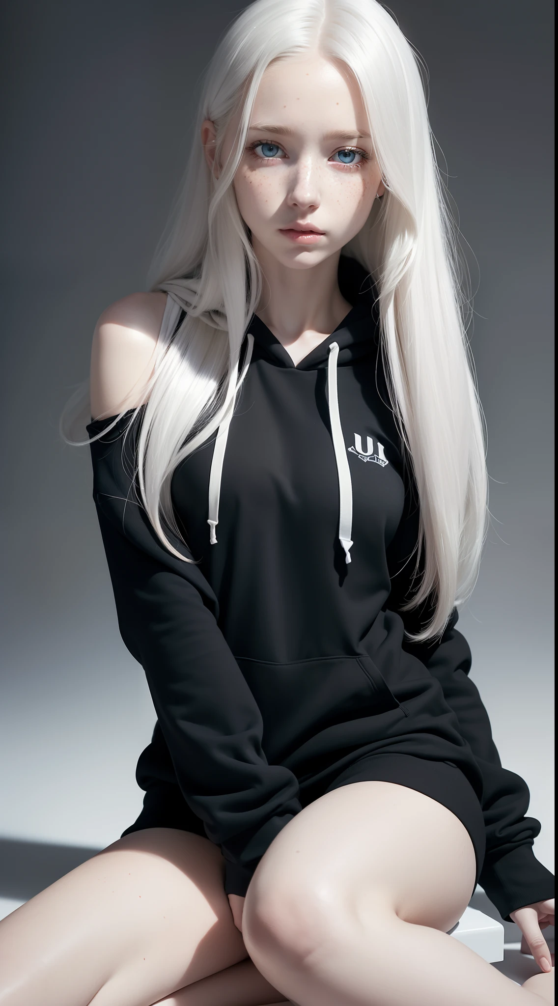 (Sitting,legs crossed),1girl,pale skin,white long hair,delicate face,heterochromia eyes,freckles,(black hoodie),small waist,(wide thigh gap:1.3),white background,(best quality:1.2,ultra-detailed,realistic:1.37),portrait,soft colors,polished lighting