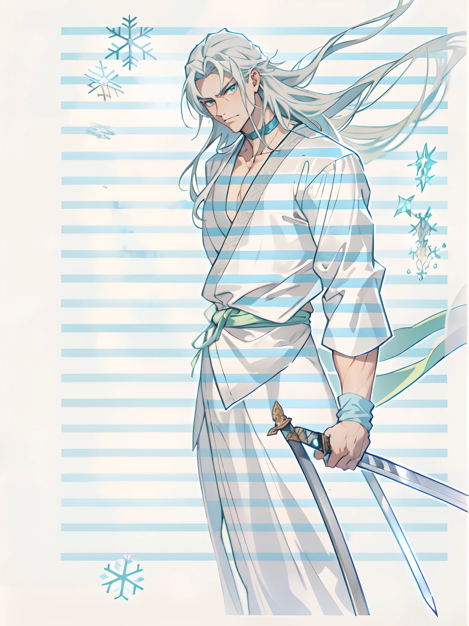 A young man with long hair, half-black and half-white long hair, sharp eyes, a confident expression, a heroic countenance, he wears a flowing two-piece martial arts-style robe, matching loose trousers, holding a slender sword in his left hand, the night sky, standing amidst a snowy mountain landscape, snowflakes falling all around, this character embodies a finely crafted Chinese swordsman design in anime style, characterized by a sophisticated and mature manga illustration art style, high definition, best quality, highres, ultra-detailed, ultra-fine painting, extremely delicate, professional, anatomically correct, symmetrical face, extremely detailed eyes and face, high quality eyes, creativity, RAW photo, UHD, 8k, Natural light, cinematic lighting, masterpiece:1.5