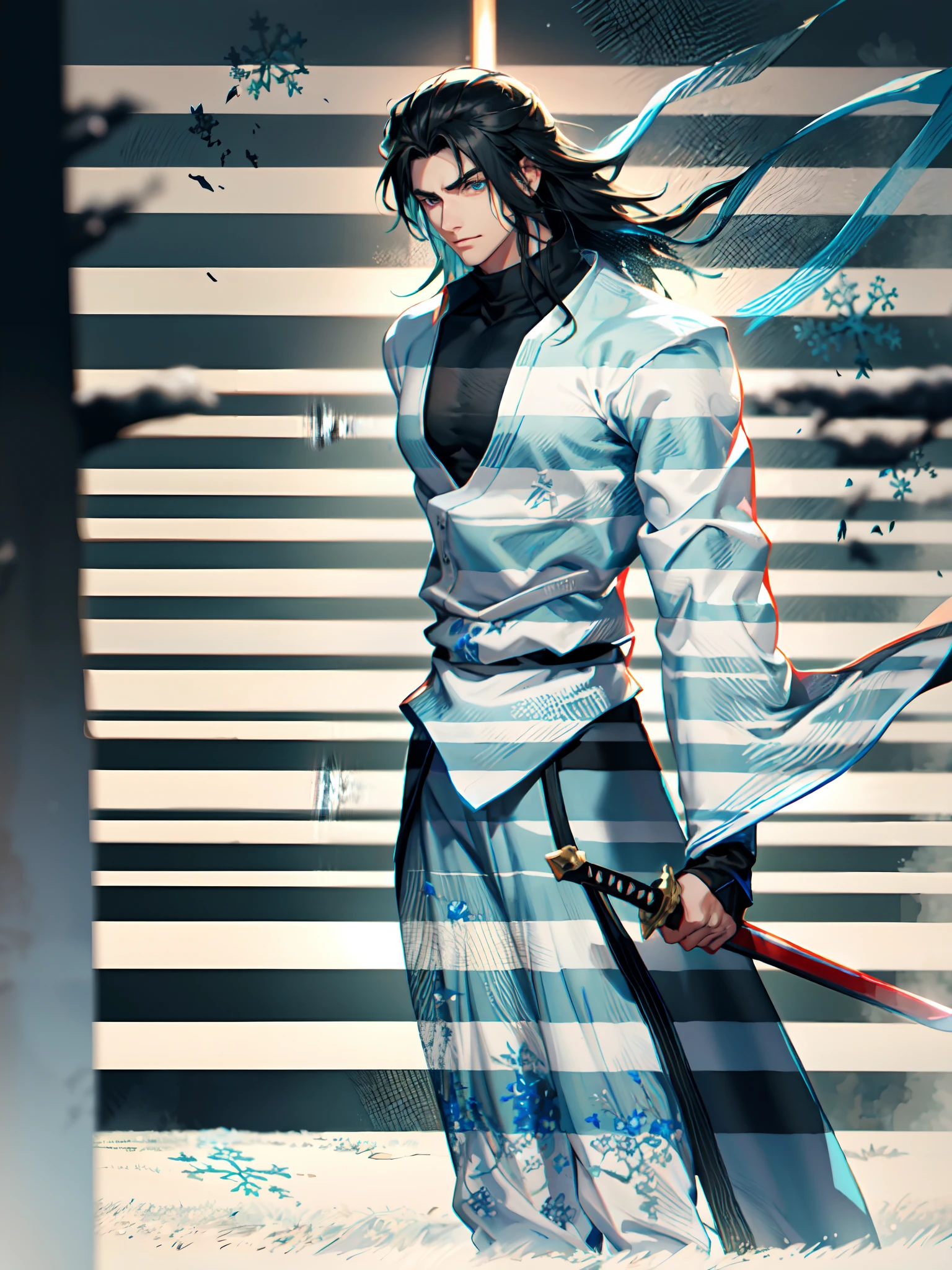 A young man with long hair, half-black and half-white long hair, sharp eyes, a confident expression, a heroic countenance, he wears a flowing two-piece martial arts-style robe, matching loose trousers, holding a slender sword in his left hand, the night sky, standing amidst a snowy mountain landscape, snowflakes falling all around, this character embodies a finely crafted Chinese swordsman design in anime style, characterized by a sophisticated and mature manga illustration art style, high definition, best quality, highres, ultra-detailed, ultra-fine painting, extremely delicate, professional, anatomically correct, symmetrical face, extremely detailed eyes and face, high quality eyes, creativity, RAW photo, UHD, 8k, Natural light, cinematic lighting, masterpiece:1.5