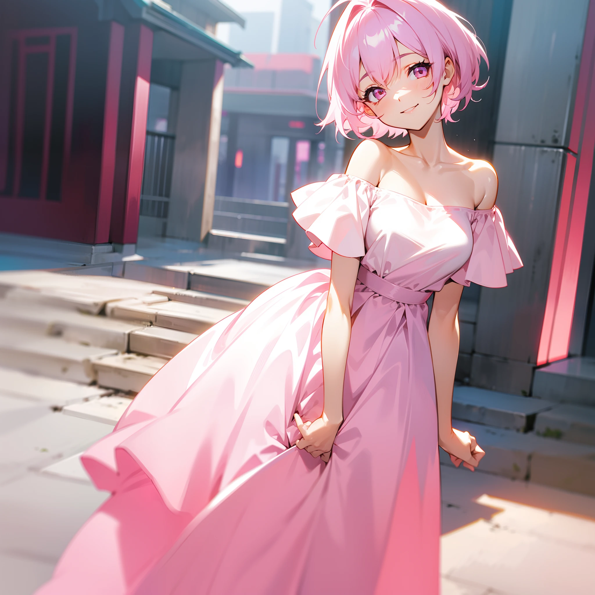 Light pink earless short hair,Pink eyes,The hair is somewhat messy,leaning down,white off shoulder dress clothes,One hand on the waist,tilts your head,Smiled,In the courtyard