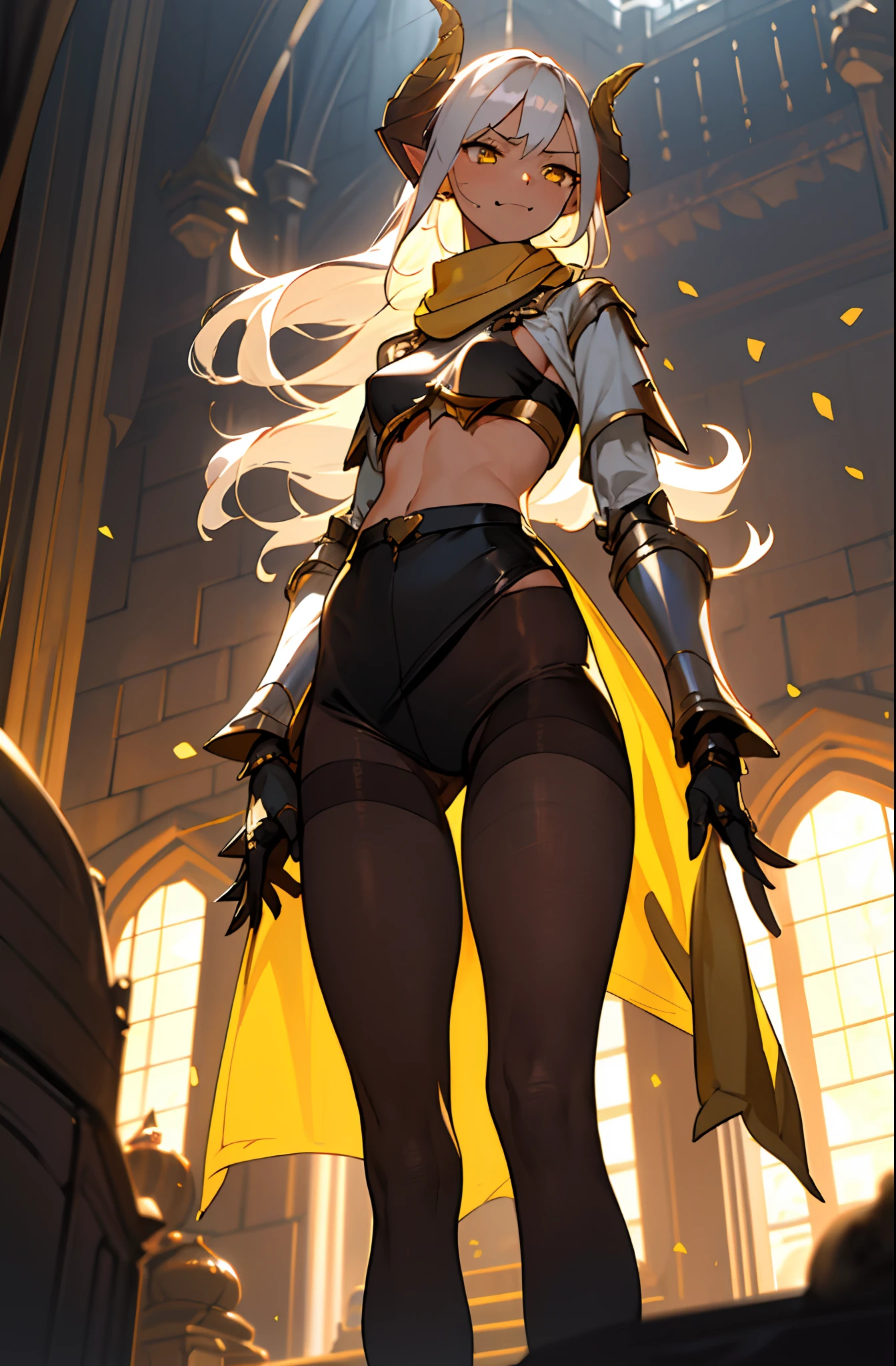 girl, tall,brown skin, hidden arms,long hair, white hair, detailed pretty eyes, yellow eyes,angry face, evil smile, medium boobs, white small shirt, mid waist, ripped abdomen, medium thighs, small gold armor outfit, long black stockings, detailed clothes, masterpiece, hyper realistic, high definition,black horns,black pantyhose,elves ears,yellow scarf,front view,(((standing inside of a castle)))