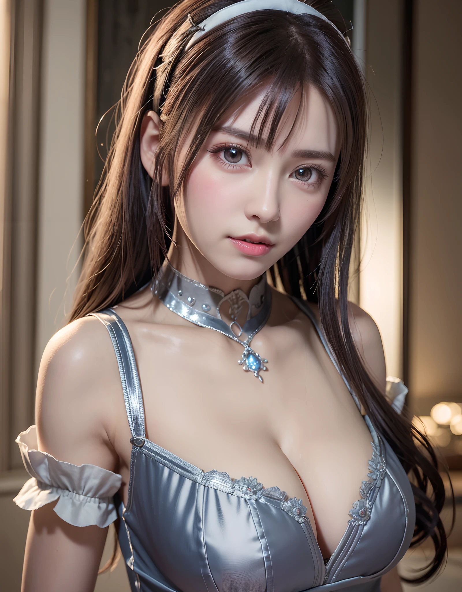 top-quality、8K masterpiece、超A high resolution、(Photorealsitic:1.3)、Raw photo、1人、silver white hair、glowy skin、maid clothes、((super realistic details))、portlate、globalillumination、Shadow、octan render、8K、ultrasharp、Beautiful breasts、Chest cleavage、highly intricate detail、Realistic light、CGSoation Trends、Beautiful eyes、radiant eyes、Facing the camera、neon details、