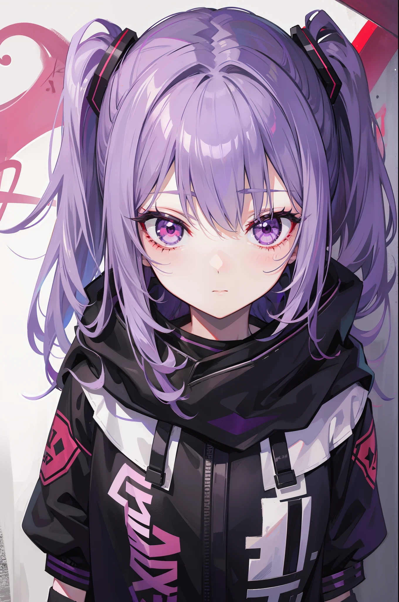 Gray-purple bangs，Red eyes，Girl，Graffiti walls，