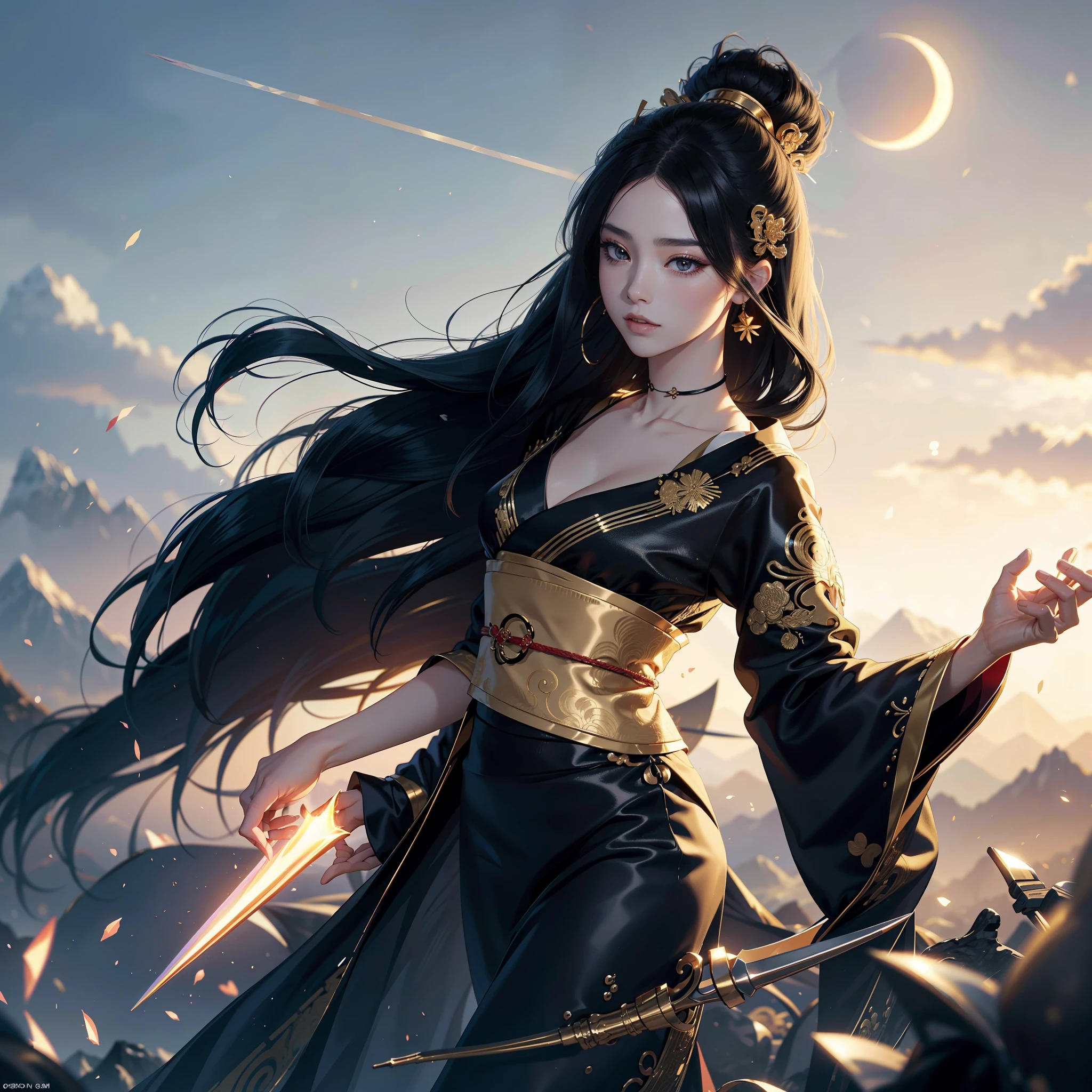 watching at viewers、moon in background、poneyTail、Woman with shiny black hair、{{{Luxury kimono(Black kimono(Detailed golden embroidery,))}}}、face perfect,Depict a beautiful and graceful woman of Japan。Heart in the eye。full body Esbian。 Beautiful anime art wallpaper 8k, beautiful fantasy anime, Beautiful anime, Detailed anime artwork.Blur the background with a sickle,((masutepiece)), ((Best Quality))