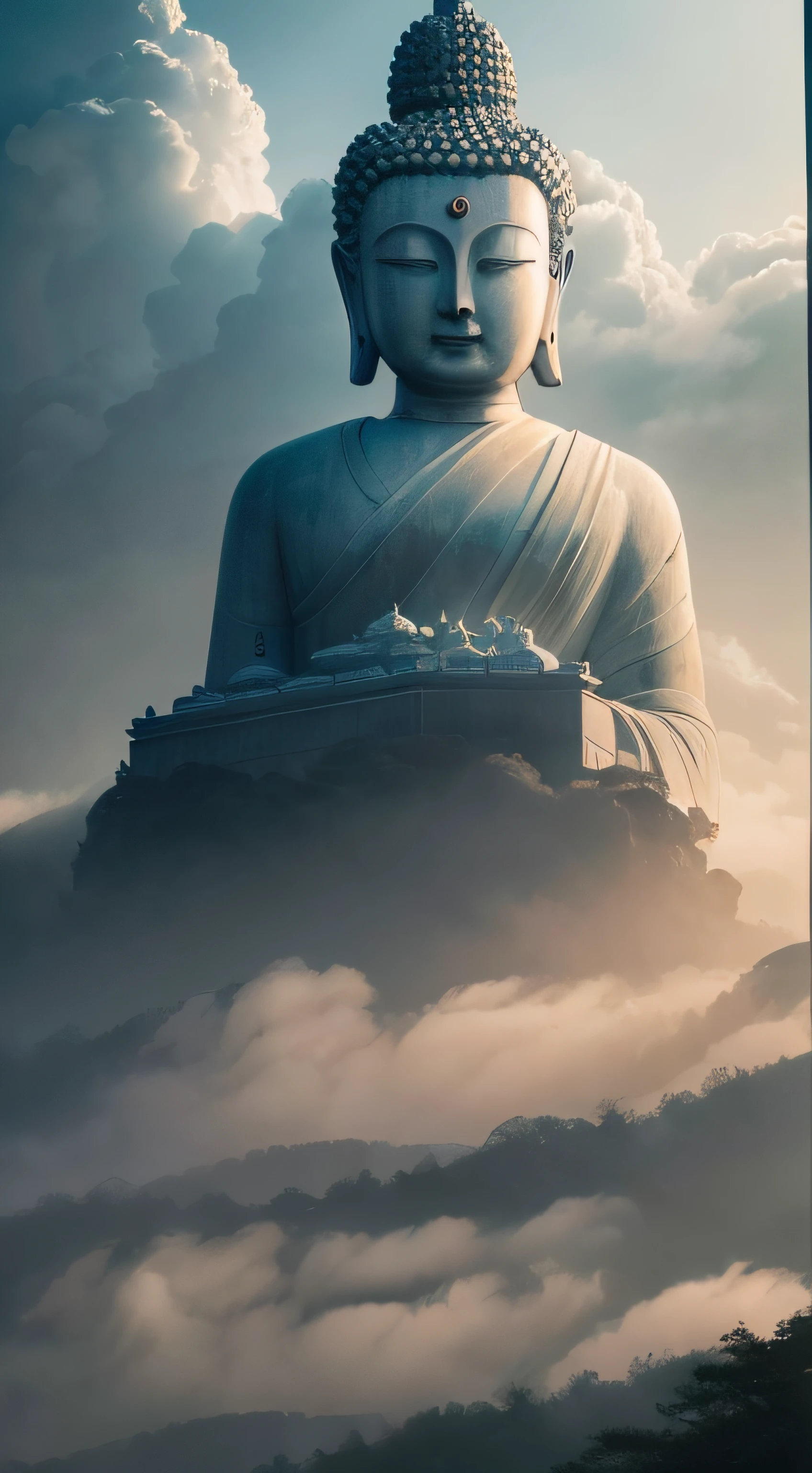 The sun has not yet risen,Rizhao Jinshan,Spirit Mountain,nimbus,White stone statue of Buddha,Auspicious clouds,Layers of mountains,In the clouds,High detail,lightand shade contrast,hyper HD,tmasterpiece,winning artwork,Best quality at best,A high resolution,16k wait for it to start