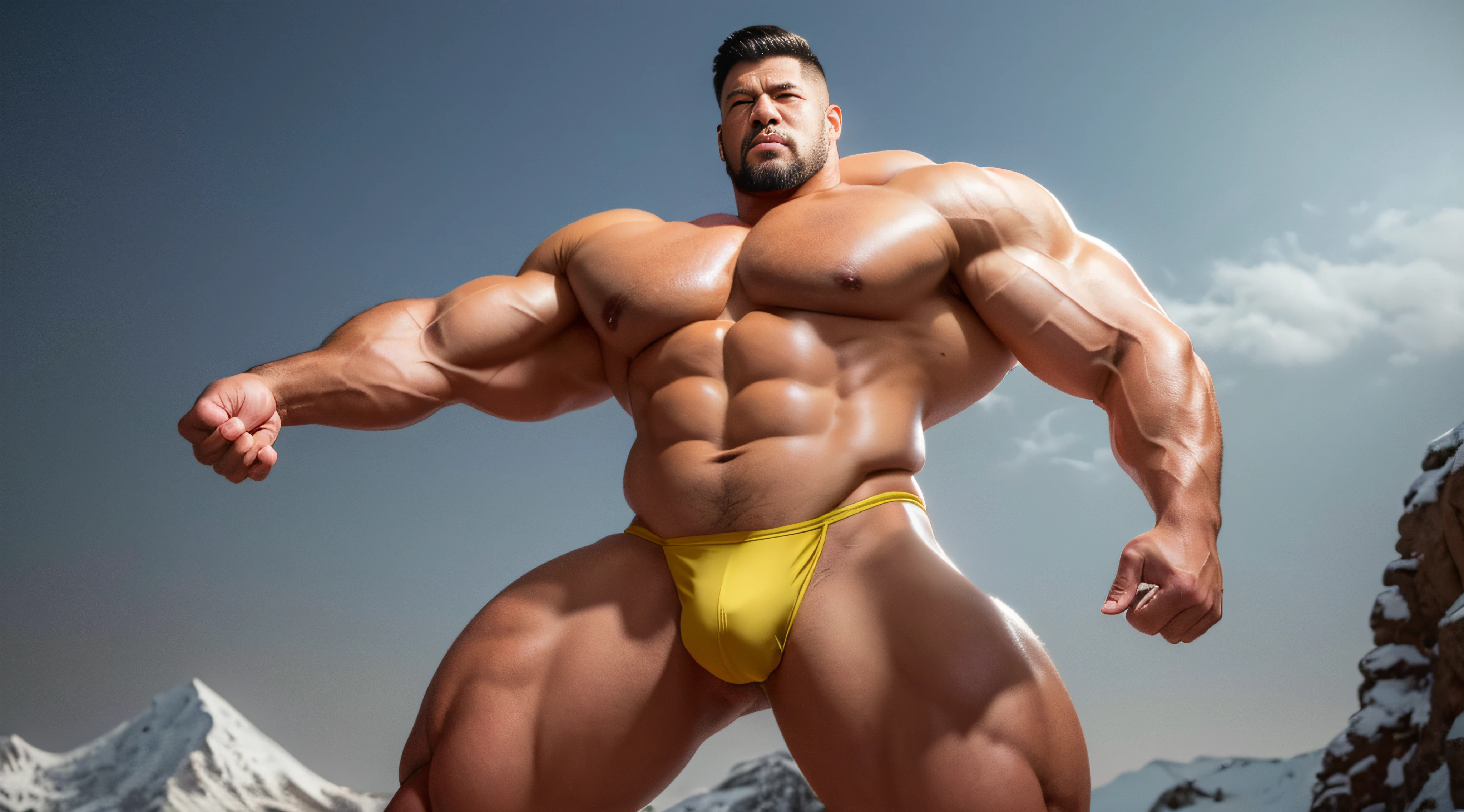 Very handsome，Chinese Zen master，standing in the snowy mountain，short mustache，Wear bright gold thongs，Perfect figure with tattoos, Very huge and strong body, Bulging muscles, musculous, Very large pectoral muscles，Very sexy abs，The legs are muscular，Tall and mighty，Exposed Body,Wear bright gold thongs，Tall and burly，toned figure，Huge raised genital area，Brightens oily skin，Muscular，hulk body type，photo hyper realistic, artsy photography, oil on the canvas, hyper HD, 32K, super sharp focus,