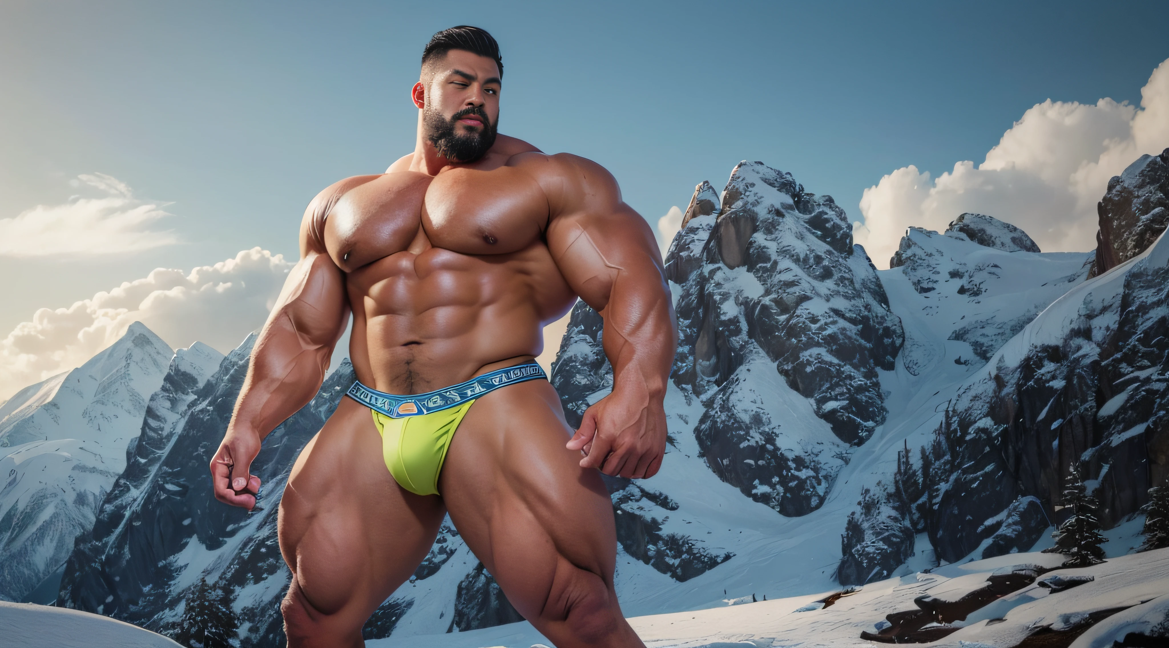 Very handsome,Chinese Zen master,standing in the snowy mountain,short mustache,Wear bright gold thongs,Perfect figure with tattoos, Very huge and strong body, Bulging muscles, musculous, Very large pectoral muscles,Very sexy abs,The legs are muscular,Tall and mighty,Exposed Body,Wear bright gold thongs,Tall and burly,toned figure,Huge raised genital area,Brightens oily skin,Muscular,hulk body type,photo hyper realistic, artsy photography, oil on the canvas, hyper HD, 32K, super sharp focus,