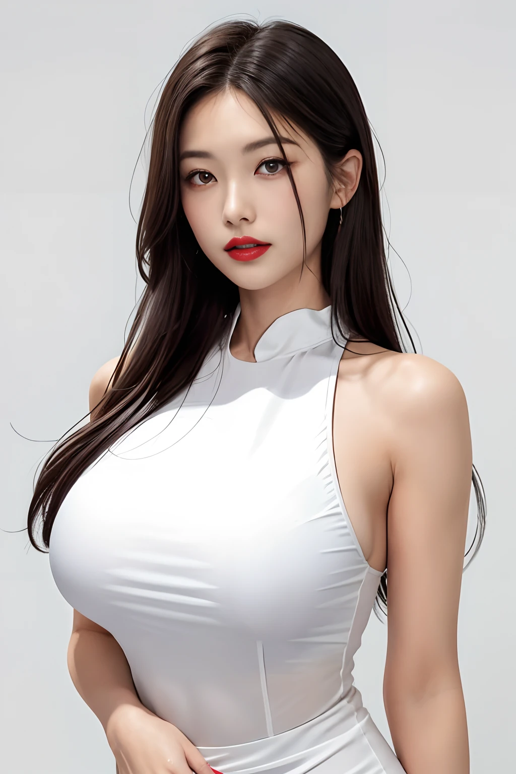 girl with, bangss, Black pants, breastsout, Breasts squeezed together, White background, hair between eye, huge-breasted, length hair, FULL BODYSHOT, cparted lips, red eyes, The shirt, simple background, 独奏, You can see the texture of the fabric,Silk dress gray hair,(shinny skin),(​masterpiece:1.4),(top-quality:1.4),A MILF,Facigirl,red-lips、Stood up