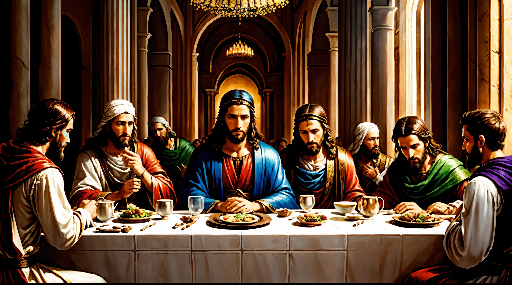 CREATE A REALISTIC IMAGE OF JUDAS ISCARIOT WITH OTHER DISCIPLES AT THE TABLE GETTING UP AND LEAVING. DETAILED AND EPIC BIBLICAL IMAGE OF THE GREAT SUPPER WITH THE DISCIPLES.