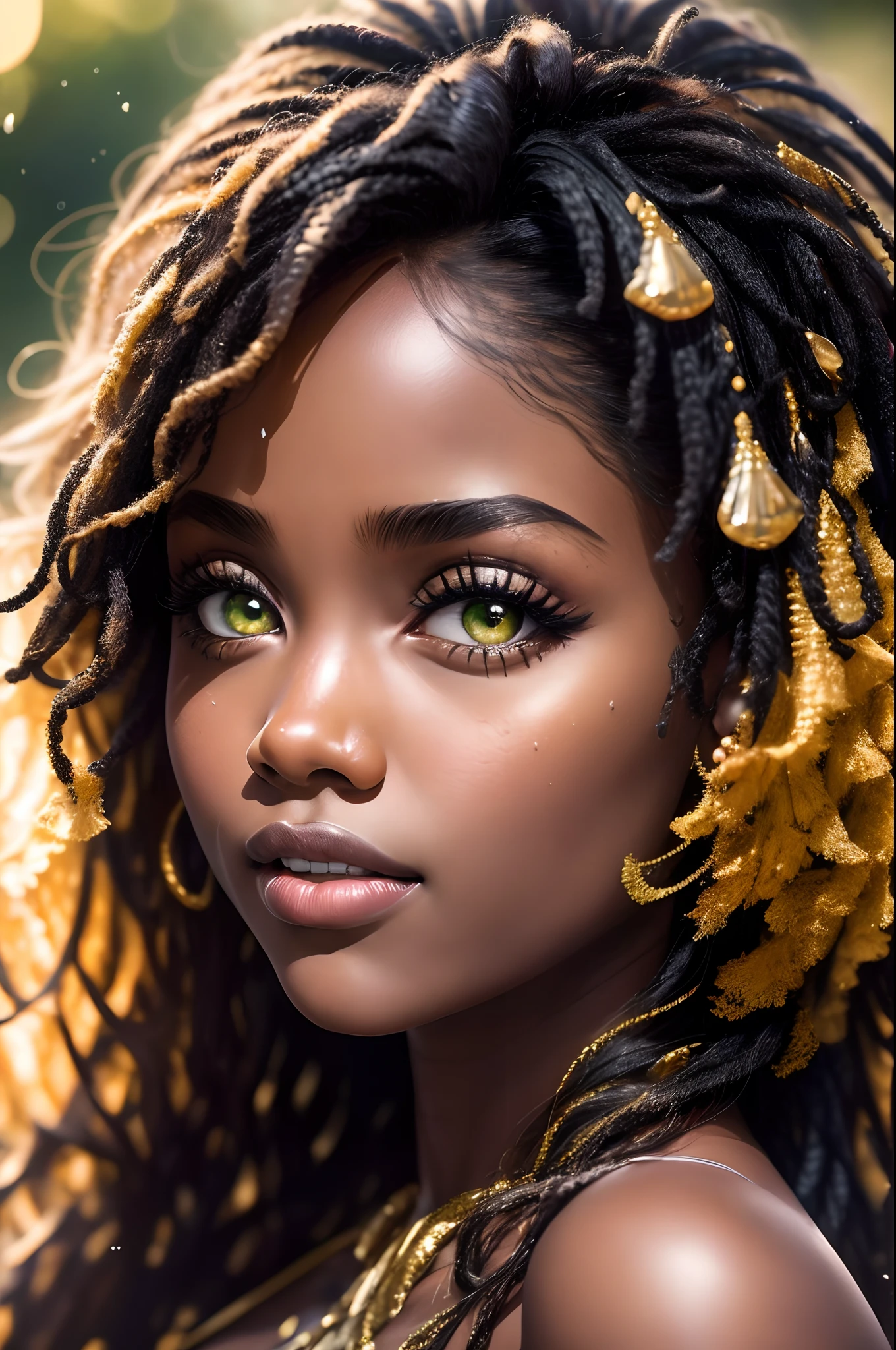 Describe a girl with a delicate face and afro-woman features. His green eyes are the highlight, being well detailed and expressive. The irises have vibrant shades of light brown, with a golden ring around the pupil. The eyelashes are long and curved, further enhancing the charming look. Her eyebrows are precisely defined, with well-groomed and arched hair, highlighting the facial expression. The makeup is soft, enhancing the girl's natural beauty. Her skin is flawless, with a smooth and luminous texture. The lips are delicate and proportional, with a soft and natural color. The image should be captured in high definition, providing a faithful representation of the girl in realistic photographic style." "type": "photograph", "art_styles": "realistic", "art_inspirations": "portrait photography, fashion photography", "camera": "Canon EOS R5", "shot": "close-up", "render_related_information": "The image must be captured with extreme precision and detail. Use soft, diffuse lighting to highlight the subtle details of the girl's face. Capture the texture of the hair, highlighting the reflections in the dark and curly strands. Pay attention to the smallest details, such as the curvature of the eyelashes, the sparkle in the eyes and the softness of the lips. The focus should be on the eyes, conveying all the expressiveness and depth of the girl's gaze. The image should convey a sense of realism and authenticity, accurately portraying its unique and charming features,afro-woman