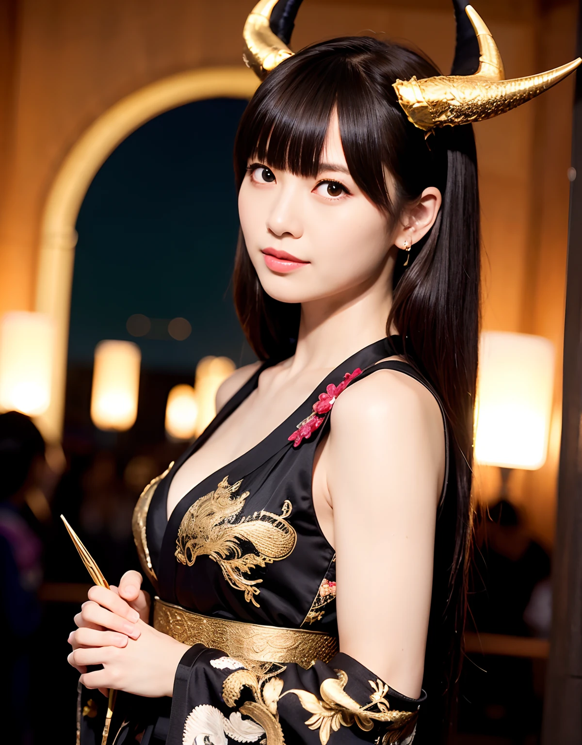 ((World of Darkness)),Professional , ​masterpiece、top-quality、photos realistic , depth of fields 、Dark Fantasy、（Ultimate Beauty）、A dark-haired、（White bikini armor)、（Kimono with beautiful pattern）、（Night background）、（（a dark night））,(Wear a beautiful kimono),（Wear a beautiful kimono with colorful floral patterns）、Jewel Gold Weapon、Particles of light),（Has a devil's mask）、Gorgeous gold weapons ,（（ Gorgeous Dragon Sword）） , （a dark night）,,（maikurobikini） 、（（Black Haired Beautiful Girl））、（Castle background）、（demonic wings）、（（Gangle's forest background））、Beautiful Caucasian beauty、１a person、dynamic ungle,(((Two devil's horns on the head)))、Smaller head、Idle Smile、Thin and beautiful female hands、Mystical expression、Light Effects、intense fighting、Wind-effect、magic circles、With the legendary magic wand、Dragon's tail、