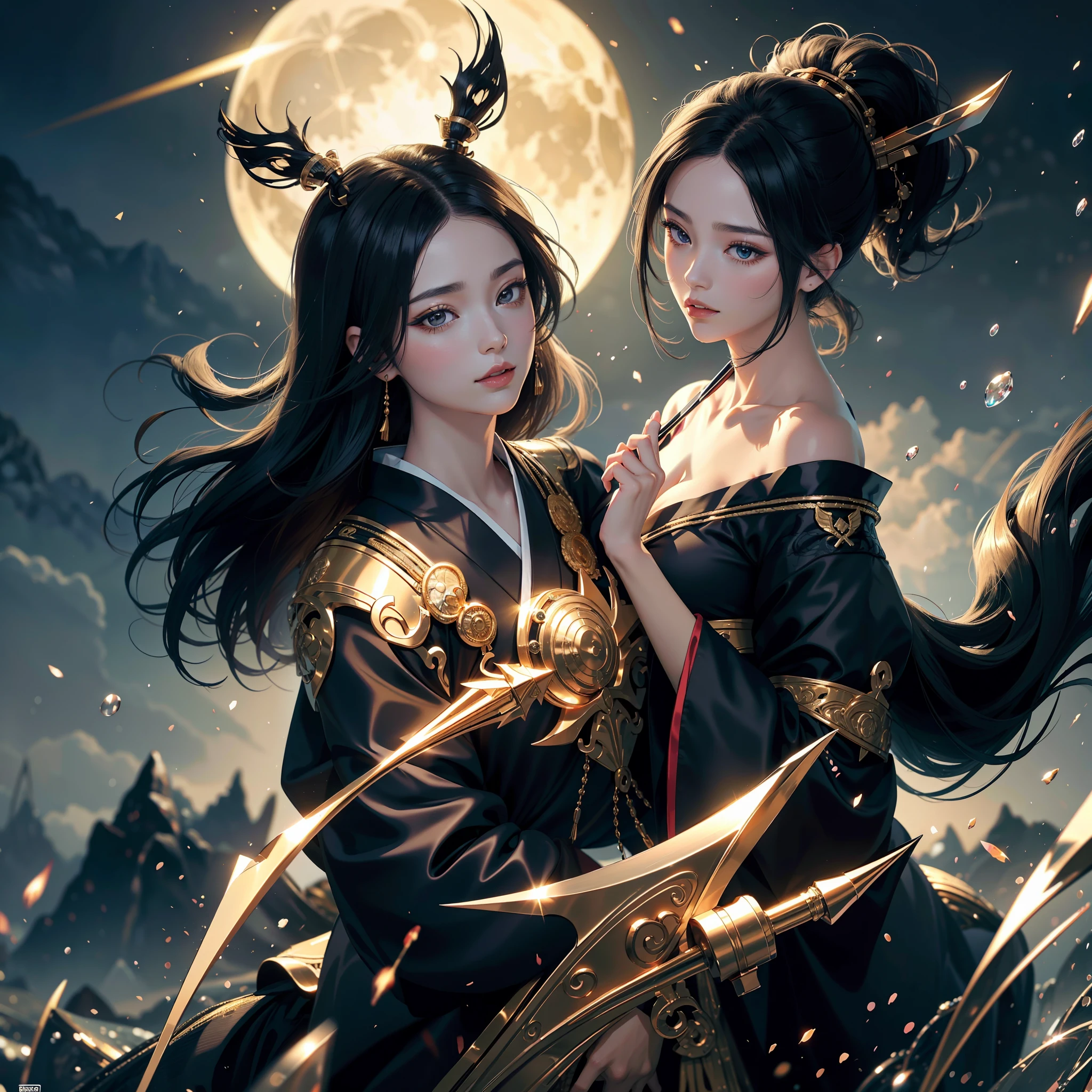 watching at viewers、moon in background、poneyTail、Woman with shiny black hair、{{{Luxury kimono(Black kimono(Detailed golden embroidery,))}}}、face perfect,Depict a beautiful and graceful woman of Japan。Heart in the eye。full body Esbian。 Beautiful anime art wallpaper 8k, beautiful fantasy anime, Beautiful anime, Detailed anime artwork.Blur the background with a sickle,((masutepiece)), ((Best Quality))