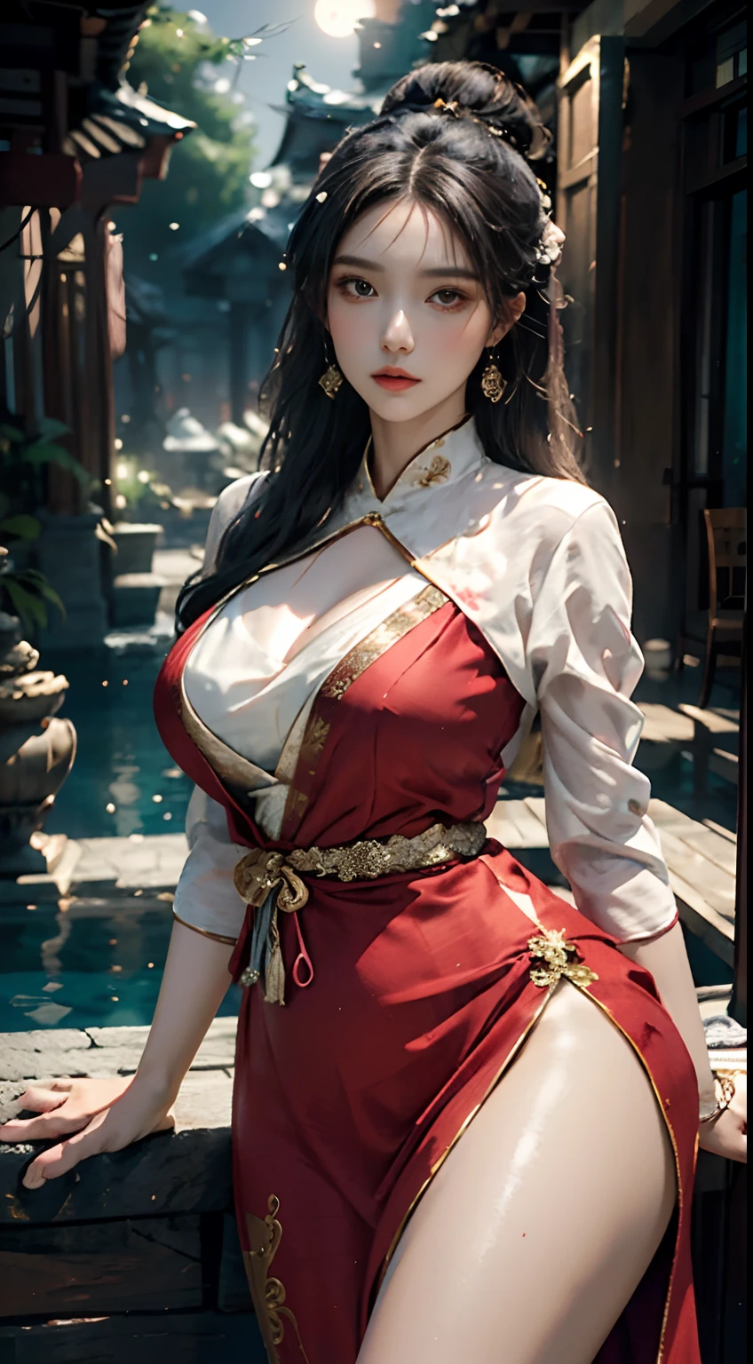 A close up of a woman in a red dress posing for a picture - SeaArt AI
