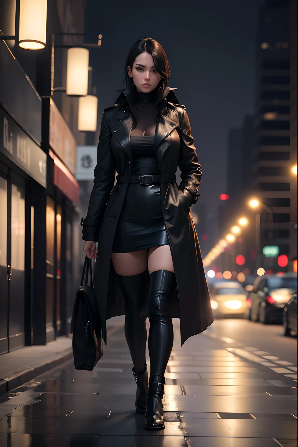 26 year old,a black trench coat,Walk down the street alone,Raised sexy,Look into the distance,Female pervert,Large wide-angle lens,Cold,Solitude,Height 170 cm,the night,8k super realistic,Real women,Black low-cut outfit,open neck collar,huge tit