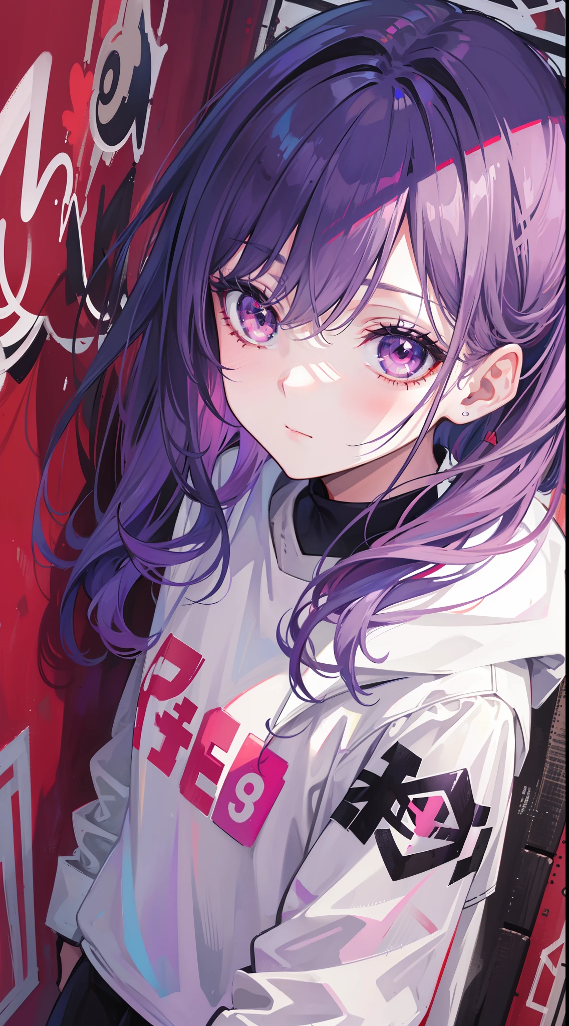 (best quality,highres:1.2),photorealistic,portrait,medium:illustration,girl,grayish-purple bangs,red eyes,playful,graffiti-covered walls,vibrant colors,creative lighting