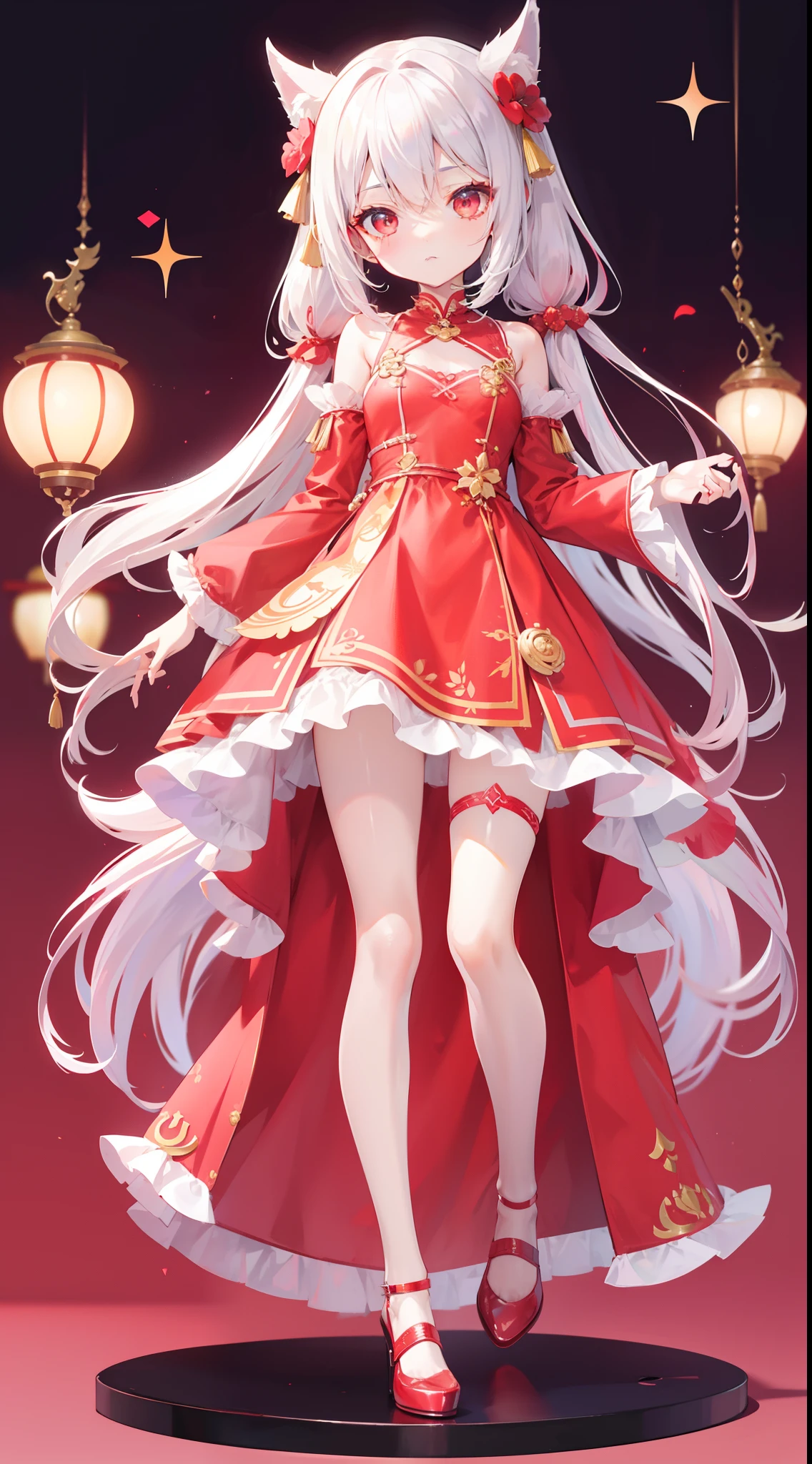 A beautiful and charismatic character,Her appearance is very eye-catching。Has long silky hair,And a pair of big bright eyes,Her face is delicate,It gives a gentle and elegant feeling。Additionally,Fire red dress,thedemongirl,Hellfire,Dark style,Small leather shoes,The design of this dress is very beautiful,Also suitable for her figure。