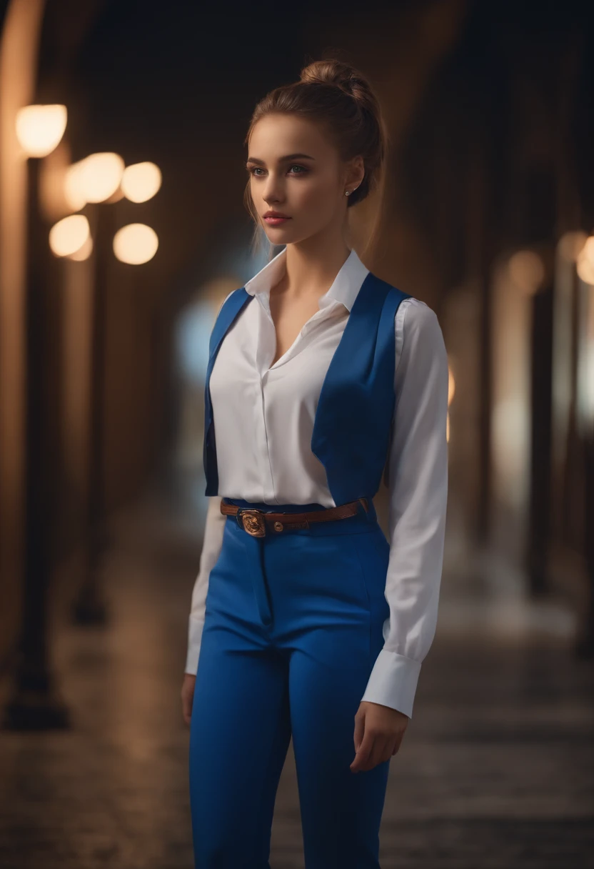 Masterpiece,Best quality,1.s girl,Small breast,Tall and tall,White shirt blue trousers,High ponytail,Double-pupil starlight。