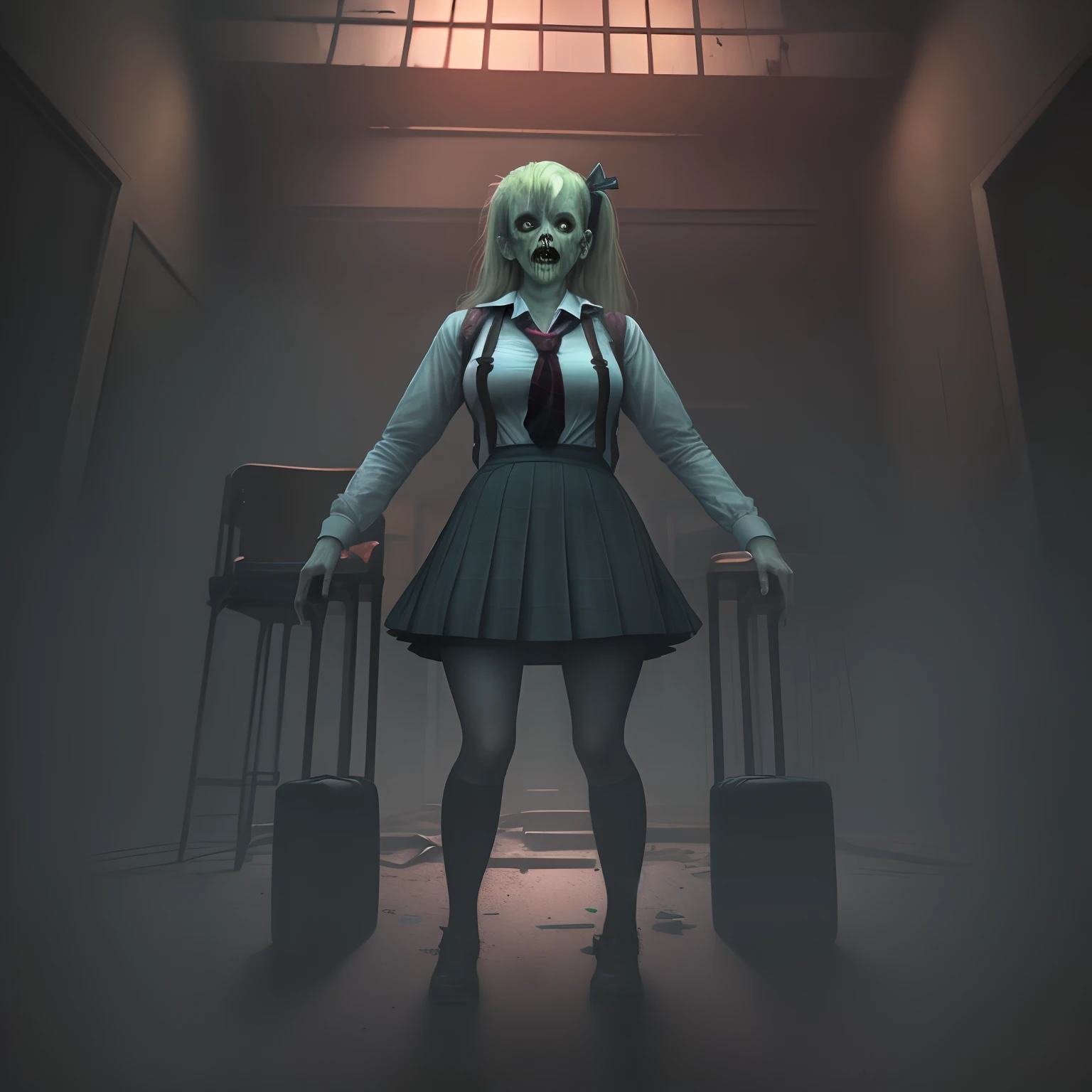 zombie school girl in A-Pose, cinematic, ultra realistic, well lit