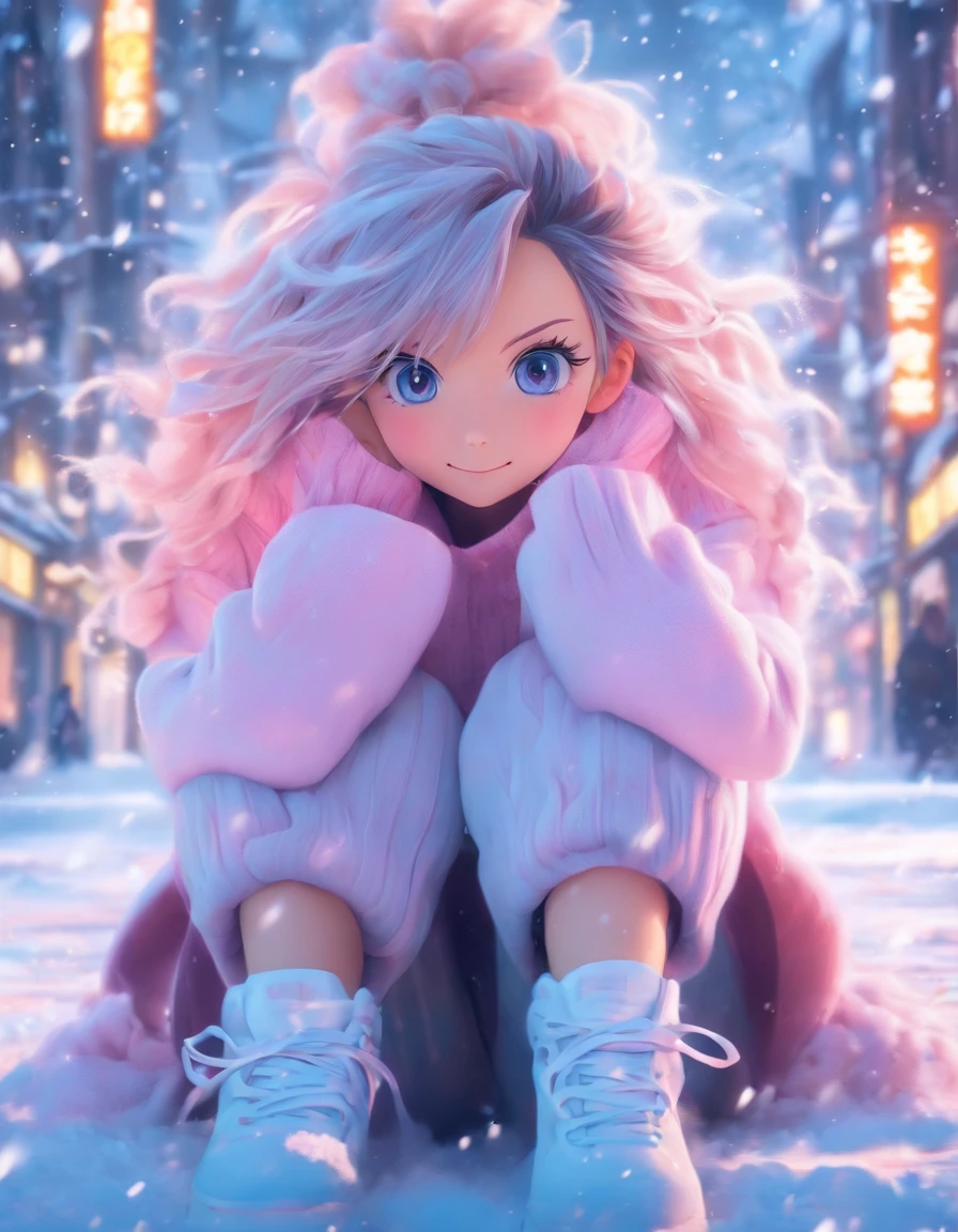 中景 the scene is,super-fine,Genki girl,Full body like,adolable,Sitting cross-legged on the street,ssmile,long whitr hair,Long pink sweater,denim pant,athletic sneakers,Heavy snow in winter,The hair is meticulously depicted,The eyes are meticulously depicted, highly detailed surreal vfx,oc rendered,