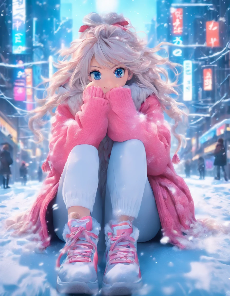中景 the scene is,super-fine,Genki girl,Full body like,adolable,Sitting cross-legged on the street,ssmile,long whitr hair,Long pink sweater,denim pant,athletic sneakers,Heavy snow in winter,The hair is meticulously depicted,The eyes are meticulously depicted, highly detailed surreal vfx,oc rendered,
