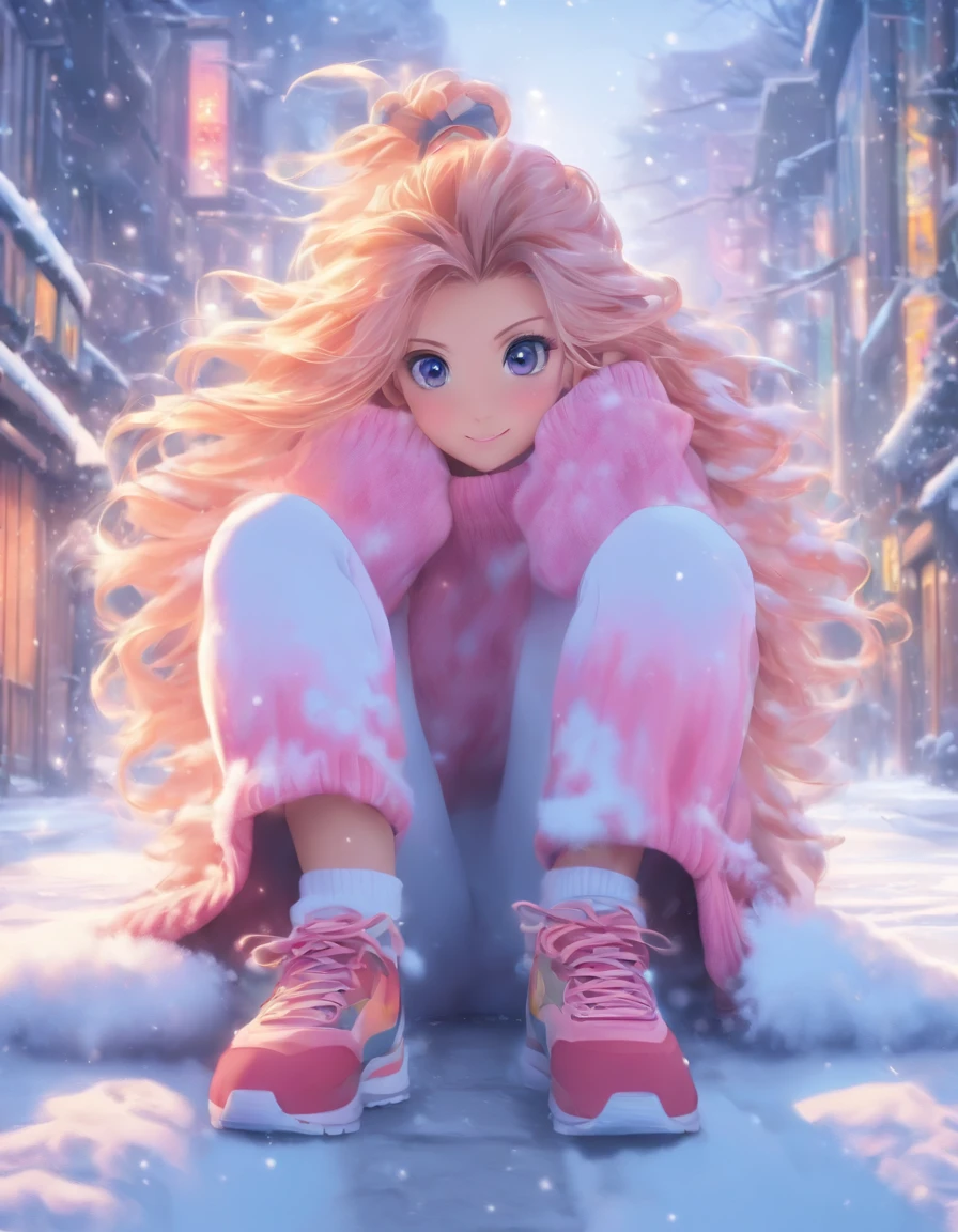 中景 the scene is,super-fine,Genki girl,Full body like,adolable,Sitting cross-legged on the street,ssmile,long whitr hair,Long pink sweater,denim pant,athletic sneakers,Heavy snow in winter,The hair is meticulously depicted,The eyes are meticulously depicted, highly detailed surreal vfx,oc rendered,
