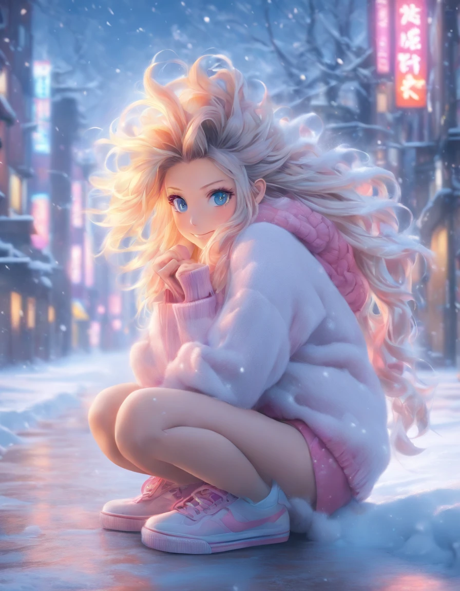 中景 the scene is，super-fine，Genki girl，Full body like，adolable，Sitting cross-legged on the street，ssmile，long whitr hair，Long pink sweater，denim pant，athletic sneakers，Heavy snow in winter，The hair is meticulously depicted，The eyes are meticulously depicted， highly detailed surreal vfx，oc rendered，