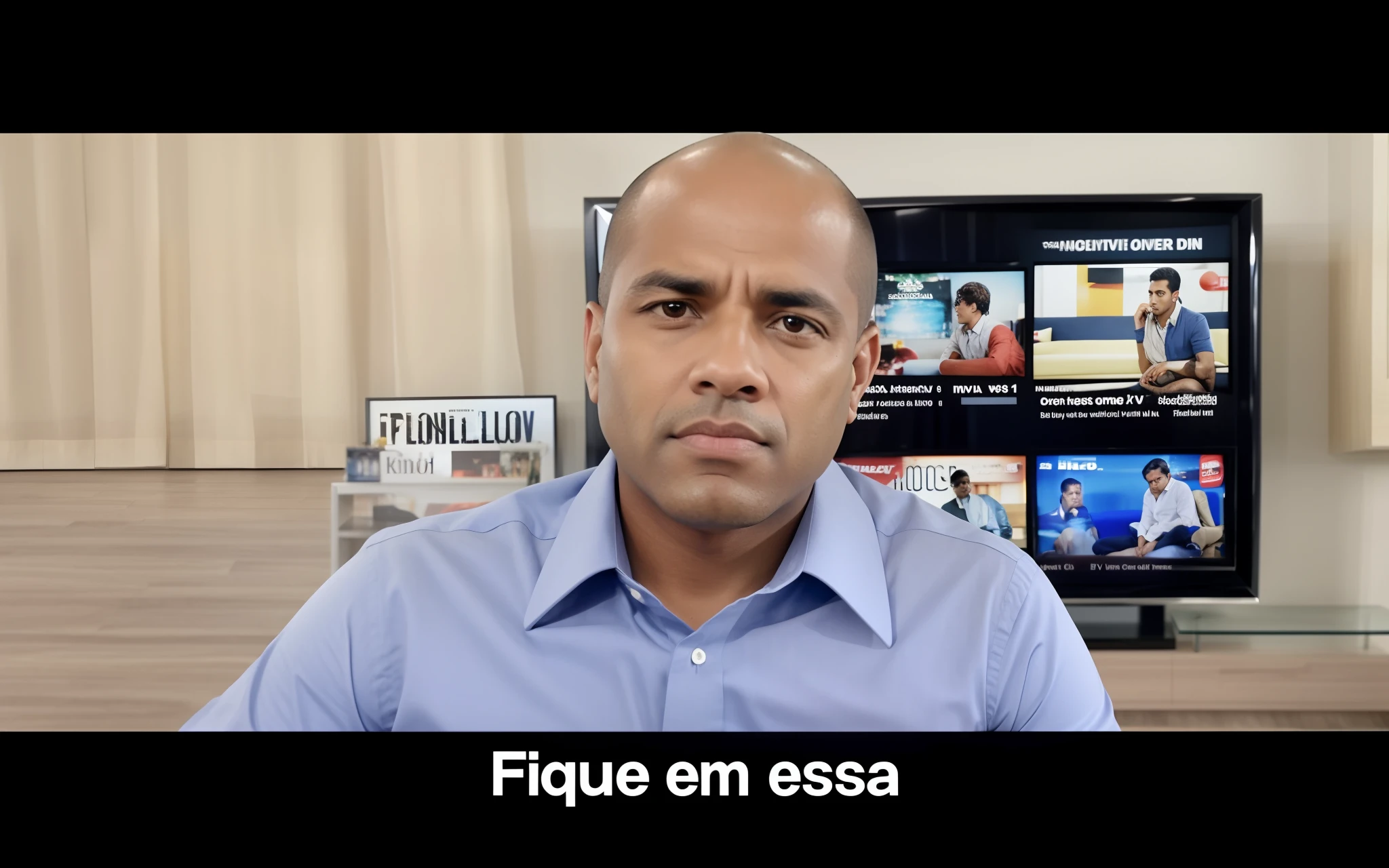 Man in blue shirt sitting in front of a television, Directed by: Felipe Seade, Directed by: Fernando Gerassi, by Rodolfo Amoedo, Directed by: Robert Combas, by Antonio Parreiras, Directed by: Giorgio Cavallon, Directed by: Manuel Franquelo, Directed by: CeFerí Olivé, edu souza