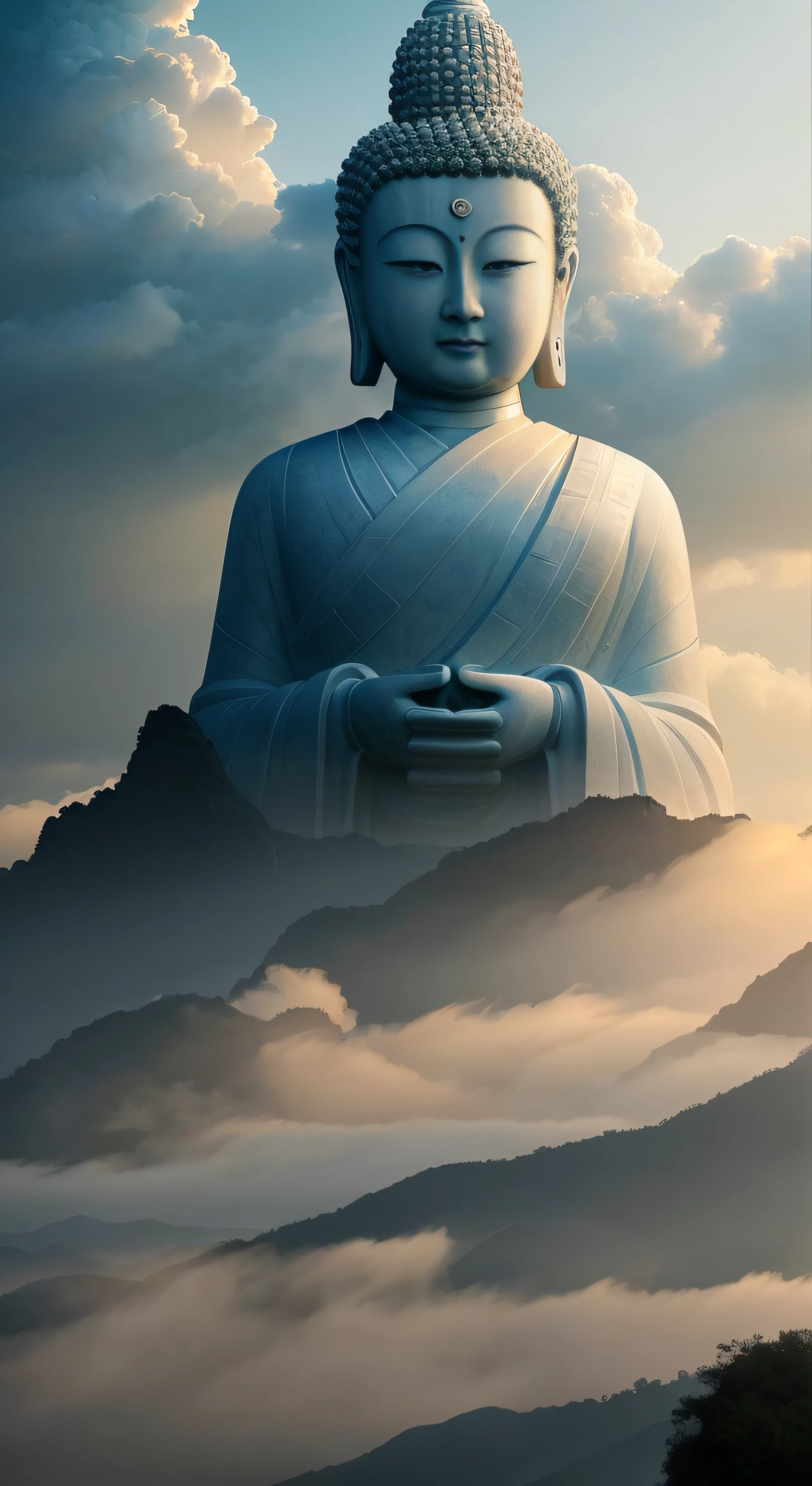 The sun has not yet risen,Rizhao Jinshan,Spirit Mountain,nimbus,White stone Buddha statue,Auspicious clouds,Layers of mountains,In the clouds,High detail,lightand shade contrast,hyper HD,tmasterpiece,winning artwork,Best quality at best,A high resolution,16k wait for it to start