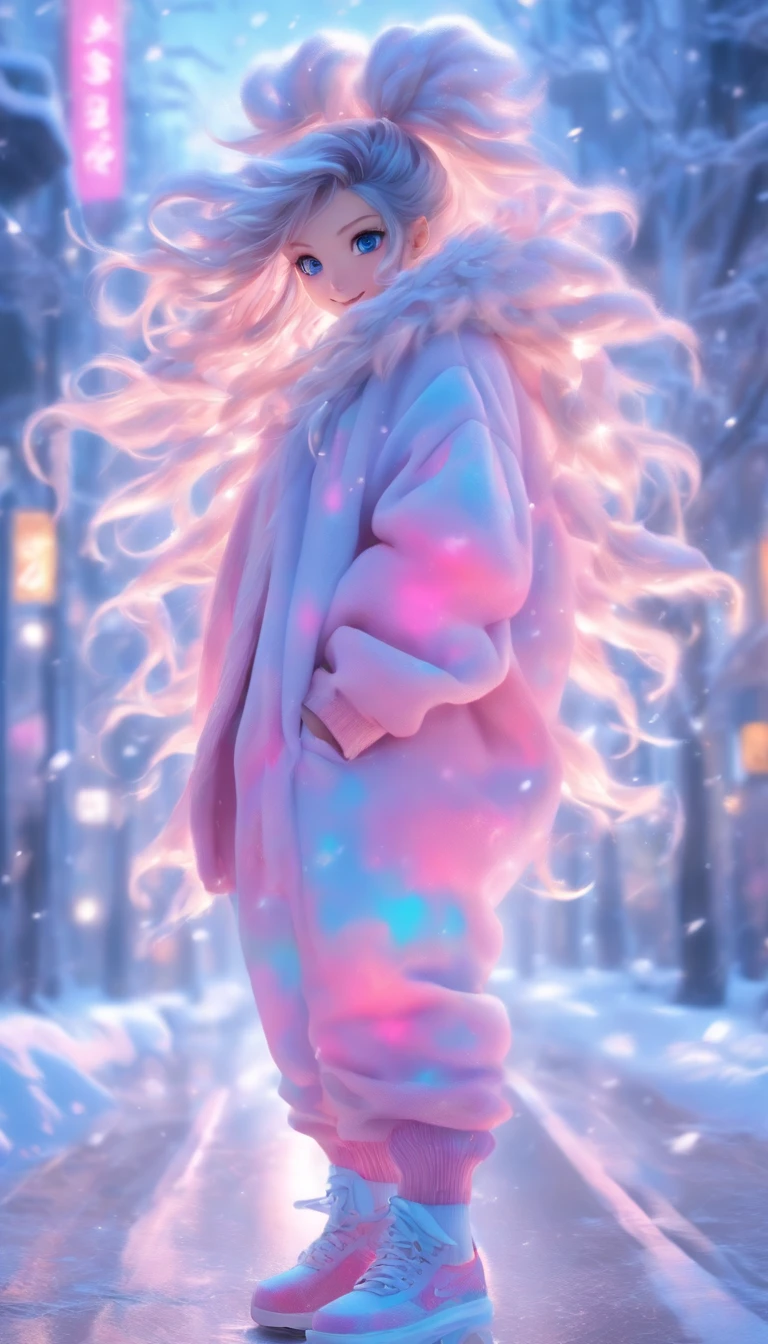 中景 the scene is,super-fine,Genki girl,Full body like,adolable,Walk around the street,ssmile,long whitr hair,Long pink sweater,denim pant,athletic sneakers,Heavy snow in winter,The hair is meticulously depicted,The eyes are meticulously depicted, highly detailed surreal vfx,oc rendered,