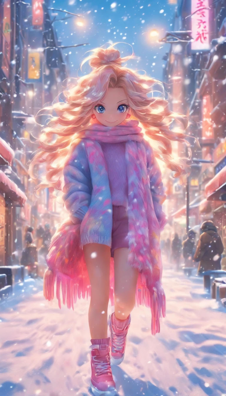 中景 the scene is，super-fine，Genki girl，Full body like，adolable，Walk around the street，ssmile，long whitr hair，Long pink sweater，denim pant，athletic sneakers，Heavy snow in winter，The hair is meticulously depicted，The eyes are meticulously depicted， highly detailed surreal vfx，oc rendered，