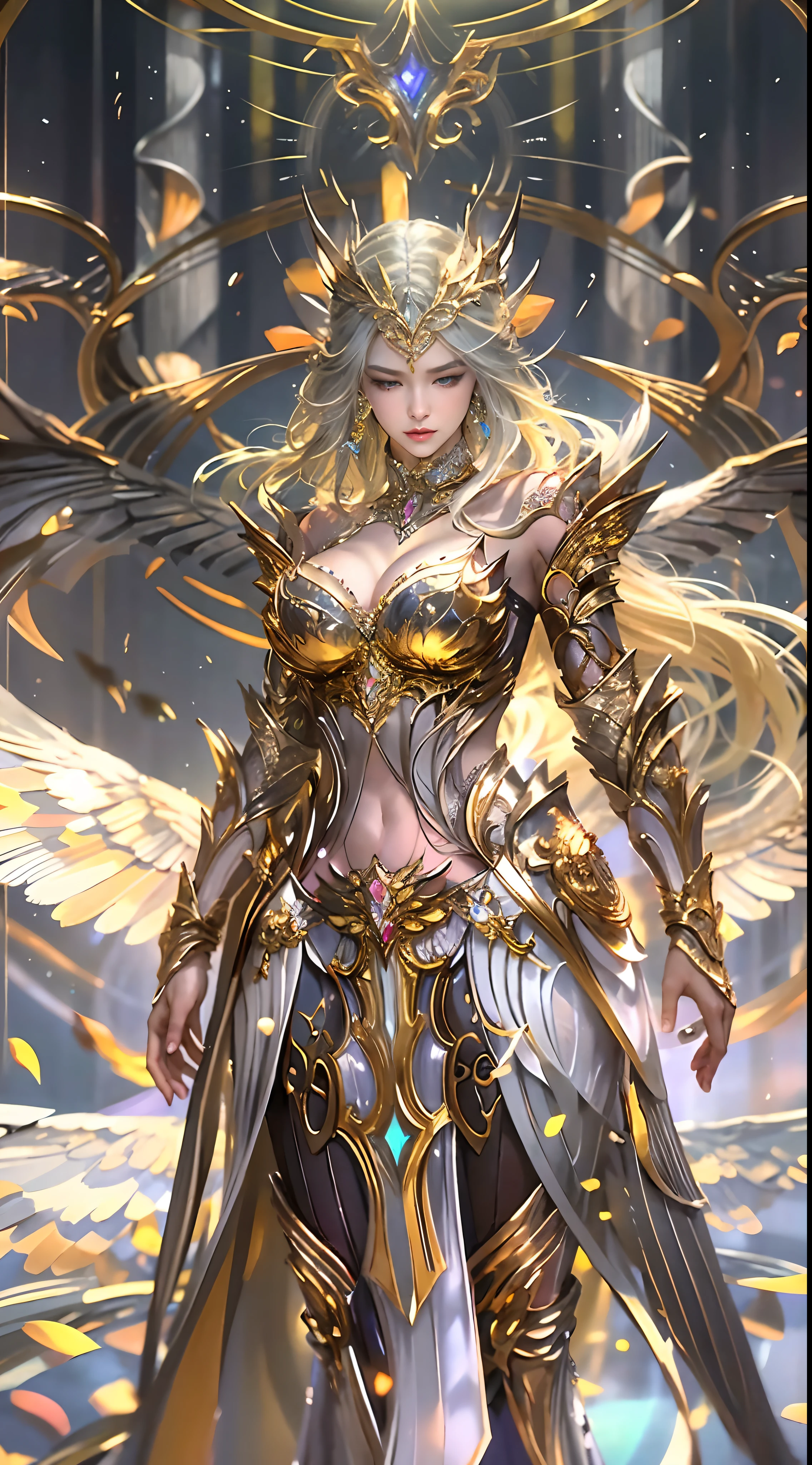 Woman in a golden transparent dress,view the viewer,(((Huge breasts, Large cleavage))),Slim waist,(navel baring,Bare waist), Long hair, Ultra-detailed details,High-end Zhenyi station, Rainstorm site, detailed fantasy art, Stunning character art, Beautiful and exquisite character art, Beautiful gold and silver armor, Extremely detailed, Girl in shiny armor, Exquisite tiaras and jewelry,Crystal jewelry filigree, milky ways, Stunning visuals, (dynamic streaks, light tracks:1.2), Vibrant colors,