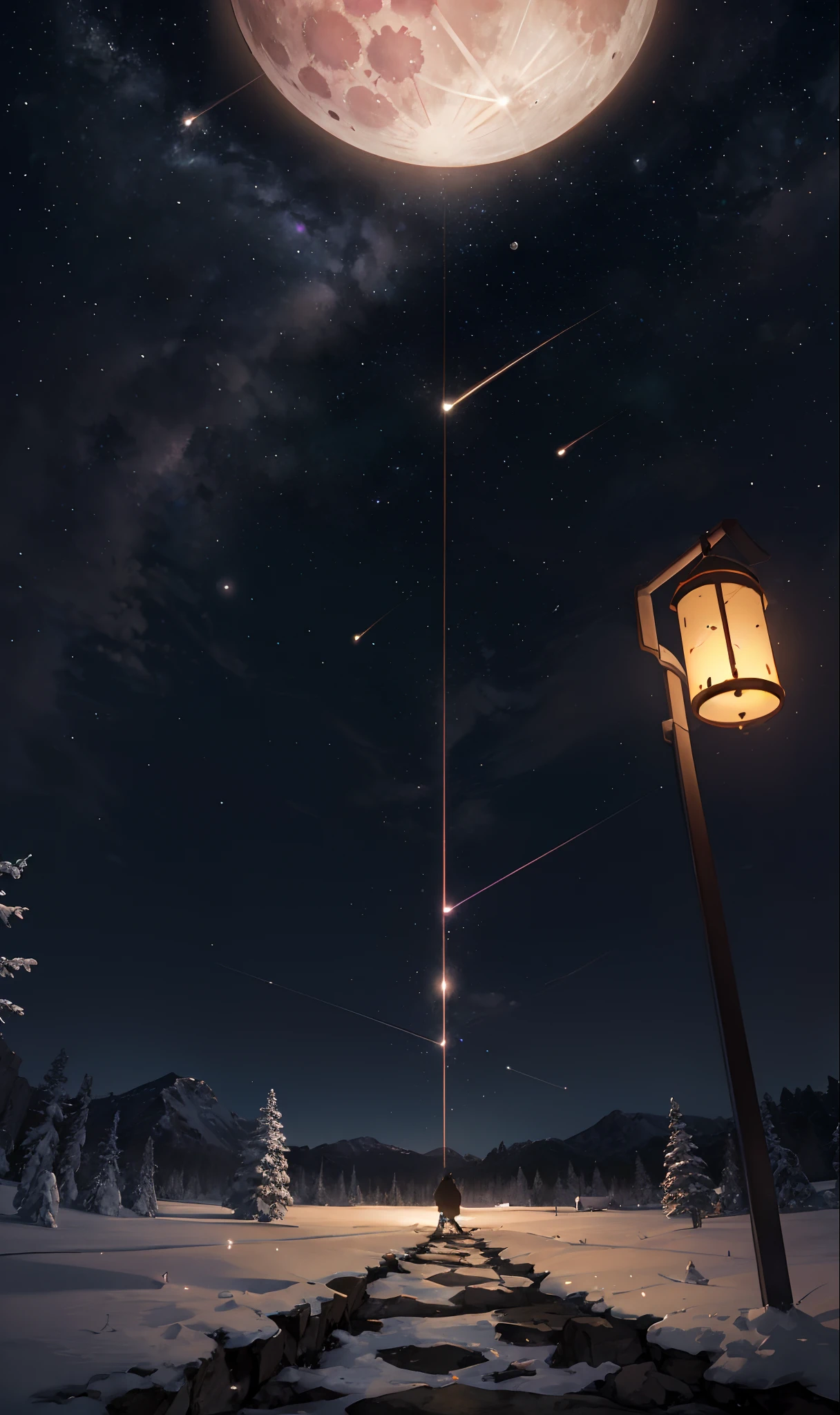 Vast landscape photos,(look from down,Above is the sky,Below are open fields),(moon full:1.2),(meteors:0.9),(Starcloud:1.3),Far Mountain, Tree BREAK making art,(Warm light source:1.2),(glowworm:1.2),lamp lights,lot of purple and orange,intricate-detail,Volumetriclighting,Realism Break(tmasterpiece:1.2),(best qualtiy),4K,Ultra-detailed,(dynamic compositions:1.4),Very detailed,Colorful Detail,(Irridescent color:1.2),(Luminous lighting,Atmospheric lighting),dream magical,Magical,(独奏:1.2),((best qualtiy)), ((tmasterpiece)), (detaileds:1.4),depth of fields,maximum definition and sharpness,perfectly proportions