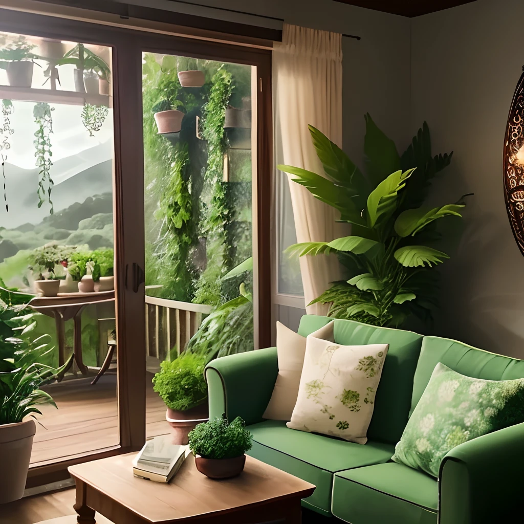 a close up of a living room with a couch and a table, with flowers and plants, cozy place, lush and green, lush plants and flowers, cozy and peaceful atmosphere, dense with greenery, room full of plants, lush chic garden, nature and floral aesthetics, lush plant and magical details, romantic greenery, soothing and cozy landscape, incredibly beautiful, luxurious environment