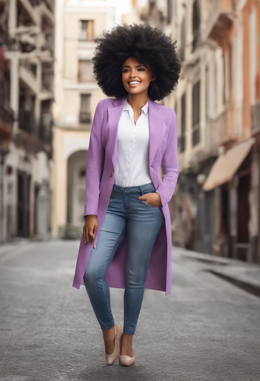 Menina afro-americana Menina negra de cerca de 25 anos de idade 8 polegadas de cabelo cacheado longo, cabelos cacheados e correndo, courtyard, cabelo encaracolado preto, cabelos curtos e cacheados, franja encaracolado, cabelos cacheados muito curtos, Loops confusos, Cabelos Negros Cacheados Cabelos pretos naturais，usando blazer roxo, wearing light lilac blazer, Fotografia de rua，Fotografia de rua，