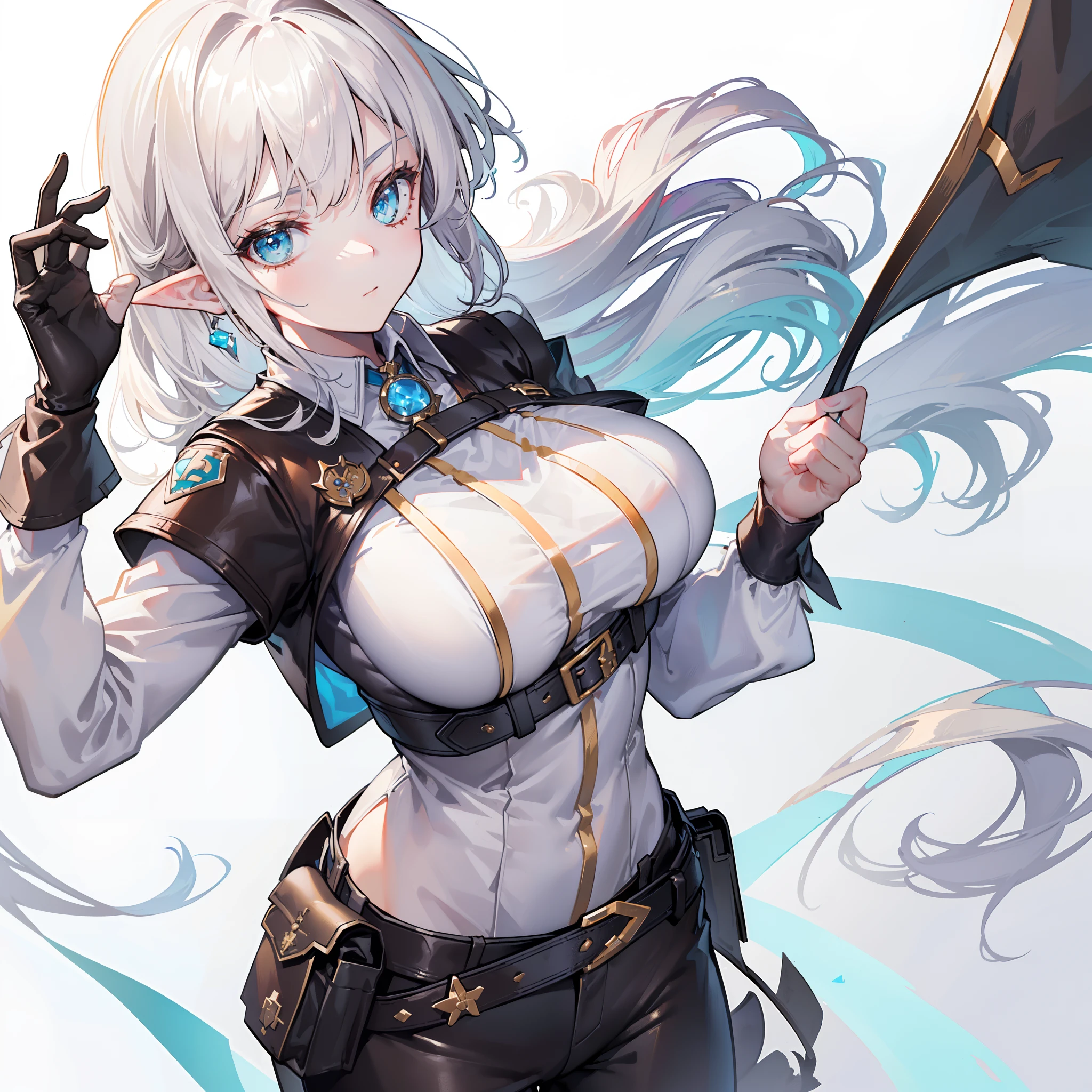 (Golden ratio:1.2),​master piece,[(White background:1.4)::10],(8K, Best quality, tmasterpiece:1.2),\(eye detailed\),\(Facial features\),(\(Clothes detail details\)\),(huge tit),full bodyesbian,(Facial focus) ,Very detailed CG unity 8K wallpaper,hugefilesize,ultra - detailed,A high resolution,absurderes,beautidful eyes,Ray traching,dramatic shadow,finely detailled,Dramatic angles,Hyper-detailing,(1 girl:1.3),(Solo),elf,pointy-eared,White hair,Green eyes,Mature female,Mature royal sister,The perfect figure for a tall slim body,Large breasts,(Short shirt with lower chest:1.3)+(Dark gray low-rise pants：1.3)+(Brown leather belt：1.3),(occupation_Ranger:1.3),Ranger costumes,(Game art illustration),{{Sexy characters}},This is a character in a fantasy world,{This character is an archer：1.3},Capture shots that highlight the charm of the character