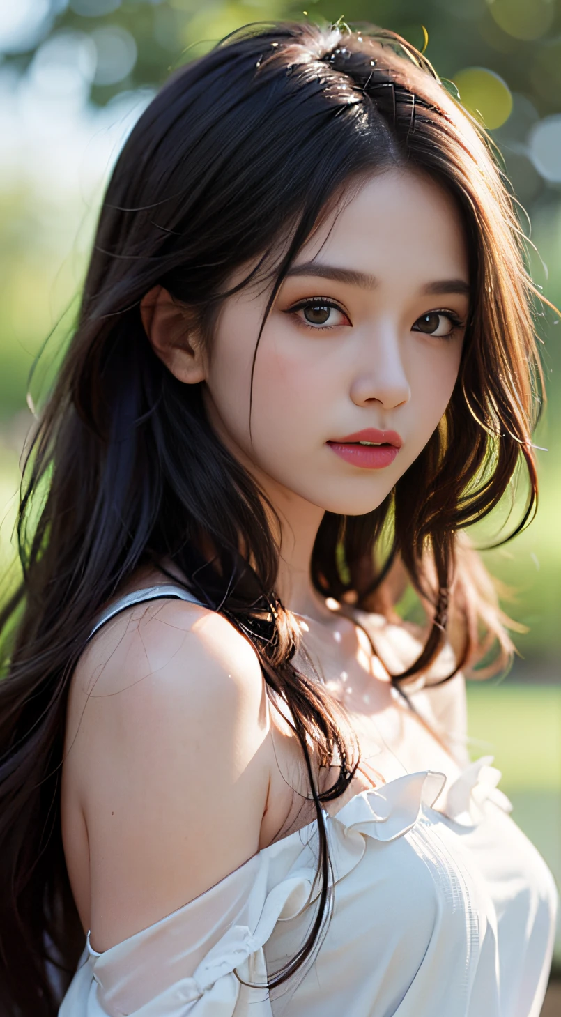 Film portrait photography, 1girl, bare shoulders, wavy shoulder-length hair, gentle, benevolent, gentle gaze, (realistic detailed eyes, natural skin texture, realistic face details), soft dramatic lighting, depth of field, bokeh, vivid details, detail, ultra-realistic, 35mm film, blur