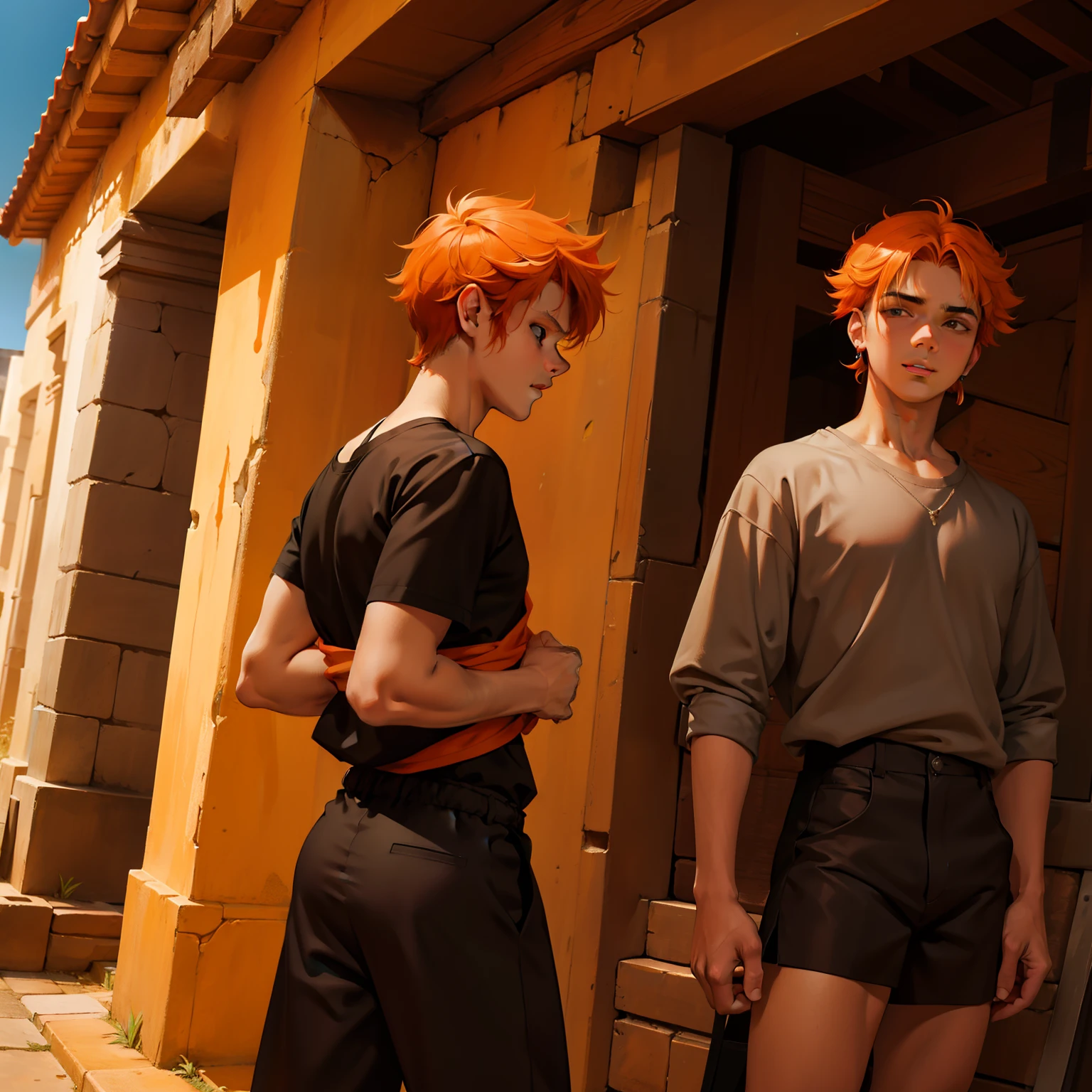 un chico de cabello naranja esta desmayado en unas ruinas de sumeria, He is  wears black and orange