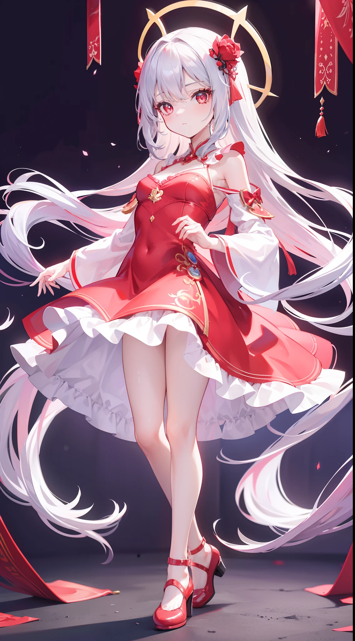 A beautiful and charismatic character,Her appearance is very eye-catching。Has long silky hair,And a pair of big bright eyes,Her face is delicate,It gives a gentle and elegant feeling。Additionally,Hellfire background,Fire red dress,thedemongirl,Hellfire,Dark style,Small leather shoes,The design of this dress is very beautiful,Also suitable for her figure。