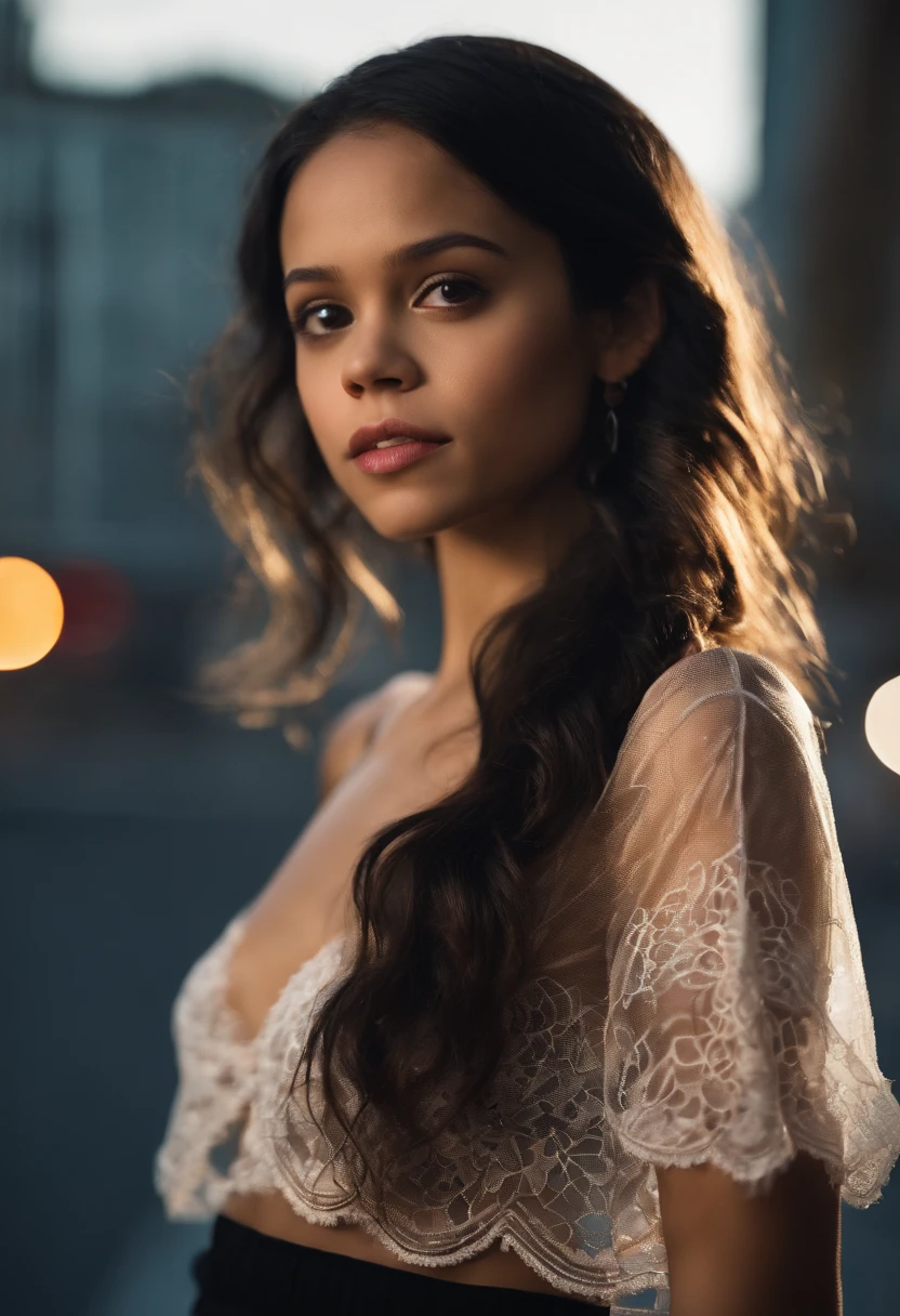 Create a Beautifully exposed sexy photograph of Jenna Ortega. About 25-30 years old. Standing in from of camera. Behind there should be a city center. Girl wears only top less, sheer silk, transparent lace. Background is blurry.