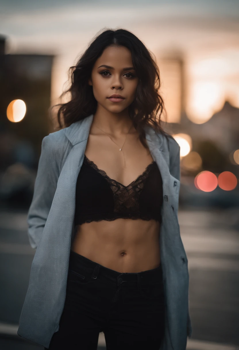 Create a Beautifully exposed sexy photograph of Jenna Ortega. About 25-30 years old. Standing in from of camera. Behind there should be a city center. Girl wears only top less, sheer silk, transparent lace. Background is blurry.