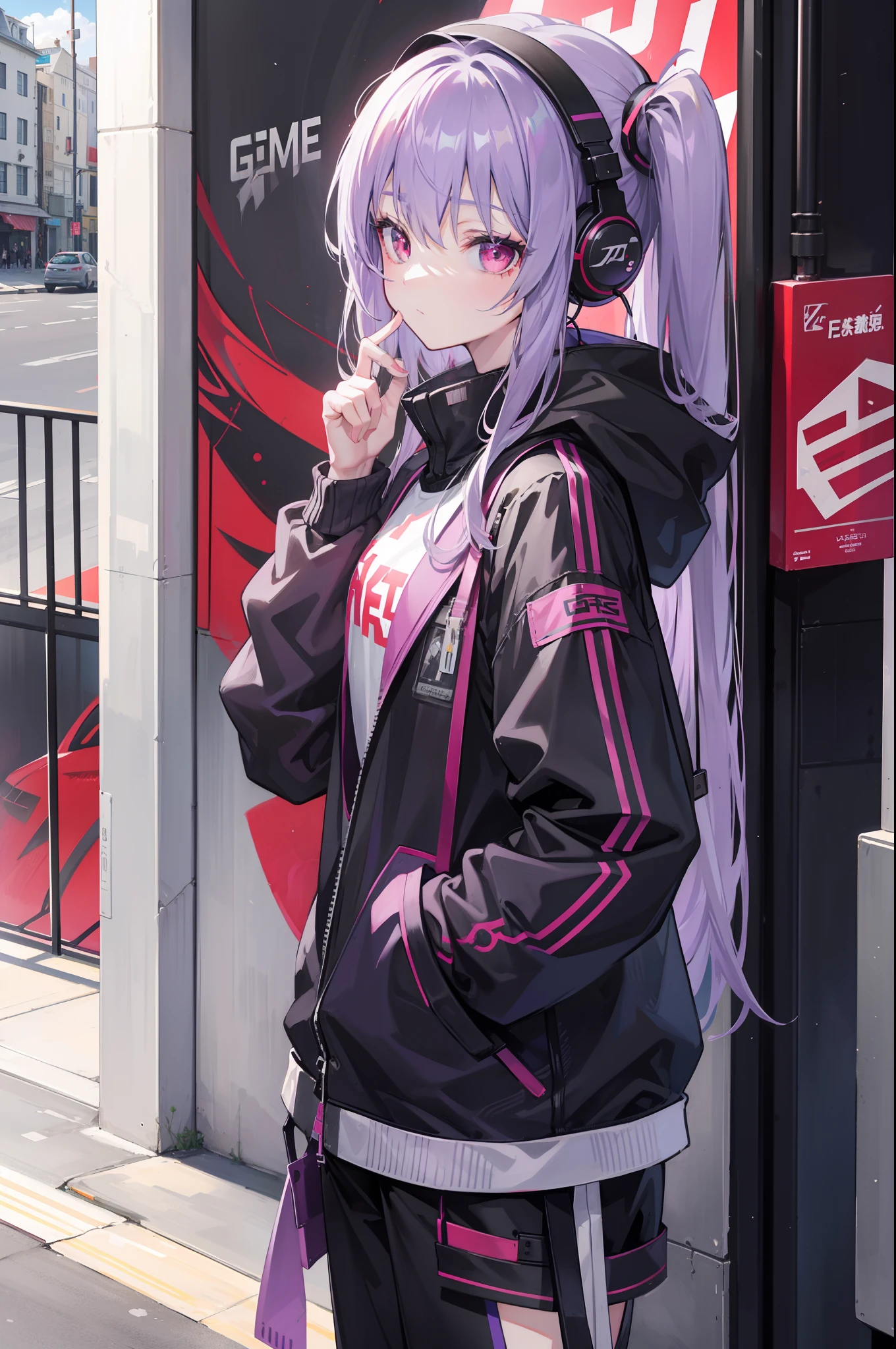 4k画质，Highest high resolution，Gray-purple bangs，Red eyes，Girl，Graffiti walls，big headphone，wide wide shot，street corner
