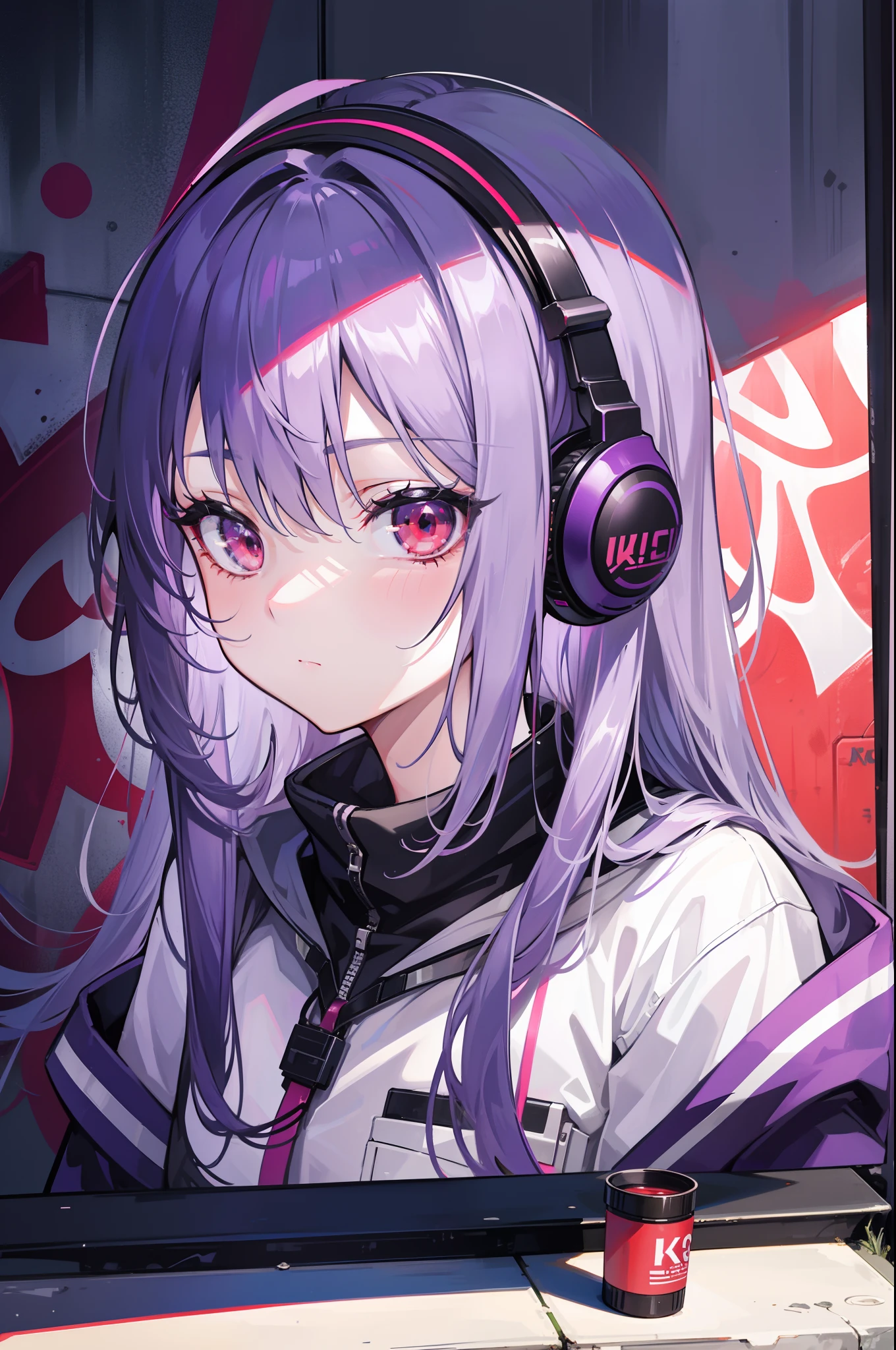4k画质,Highest high resolution,Gray-purple bangs,Red eyes,Girl,Graffiti walls,big headphone,wide wide shot,street corner
